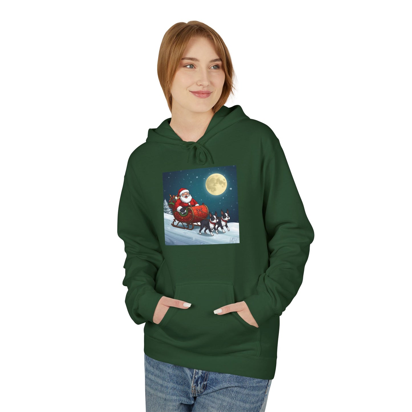 Boston Terrier Hoodie: Cute and Mighty Santas Sleigh Unisex Fleece