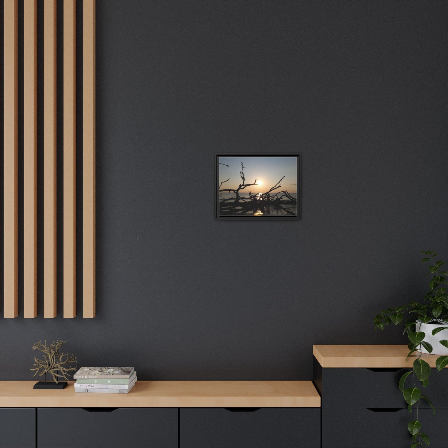 Sunset Driftwood Beach Framed Canvas