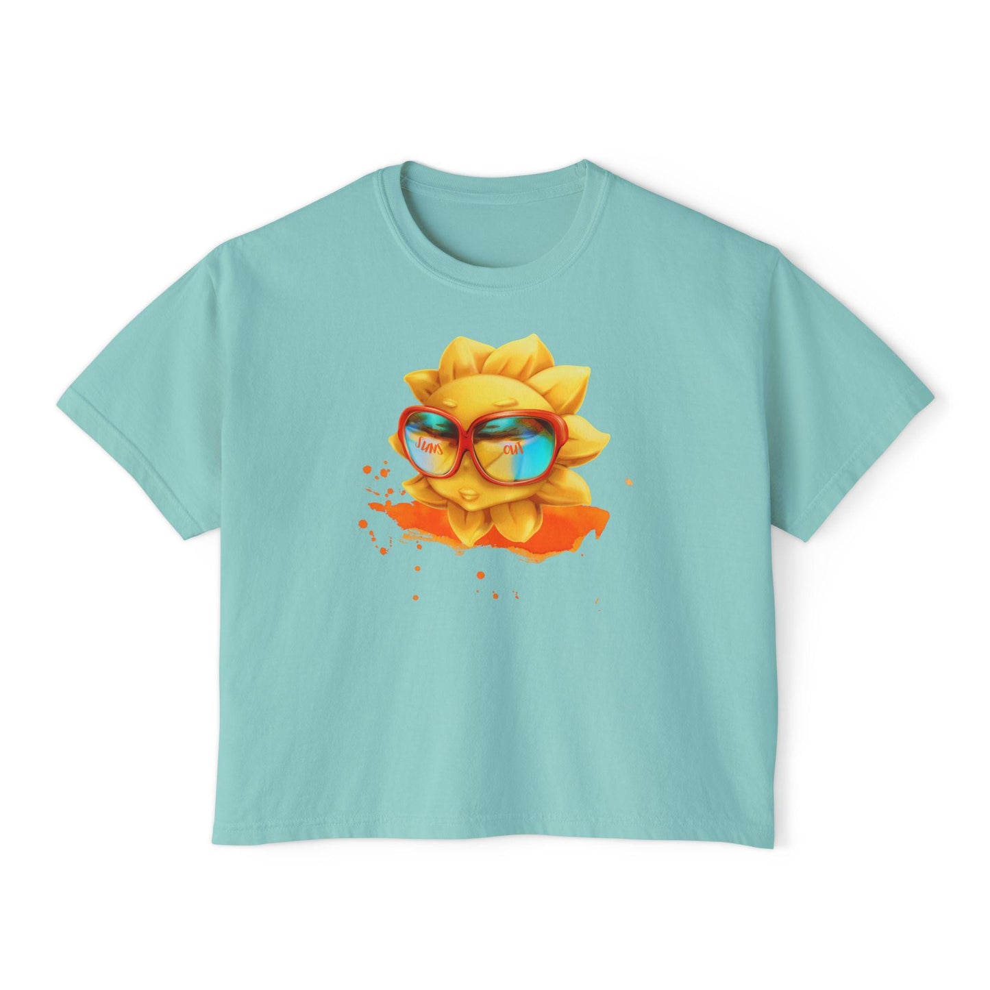 Summer Sun Smiles Women's Boxy Tee, Fun Stylish Orange Abstract Design, Suns Out Graphic Shirt, Trendy Short Sleeve Top, Cute Summer Tee