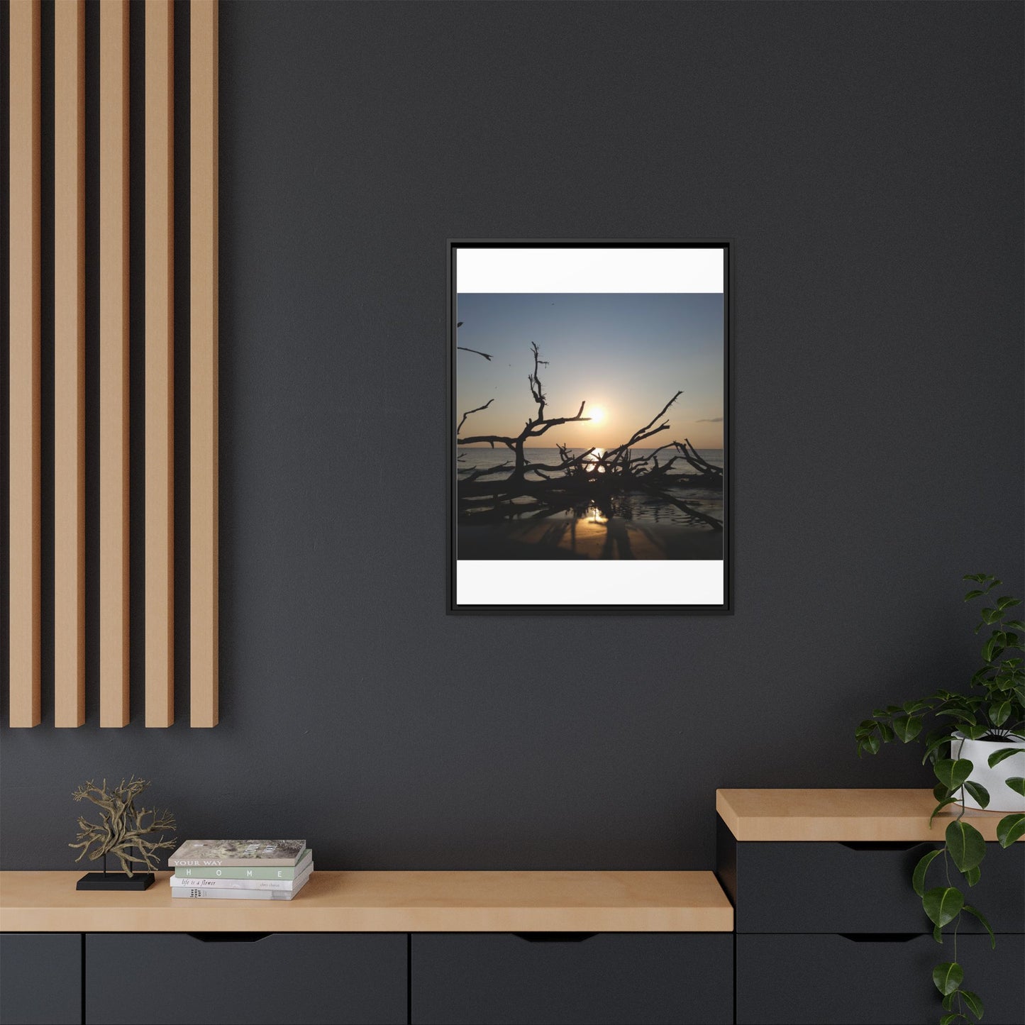 Sunset Driftwood Beach Framed Canvas