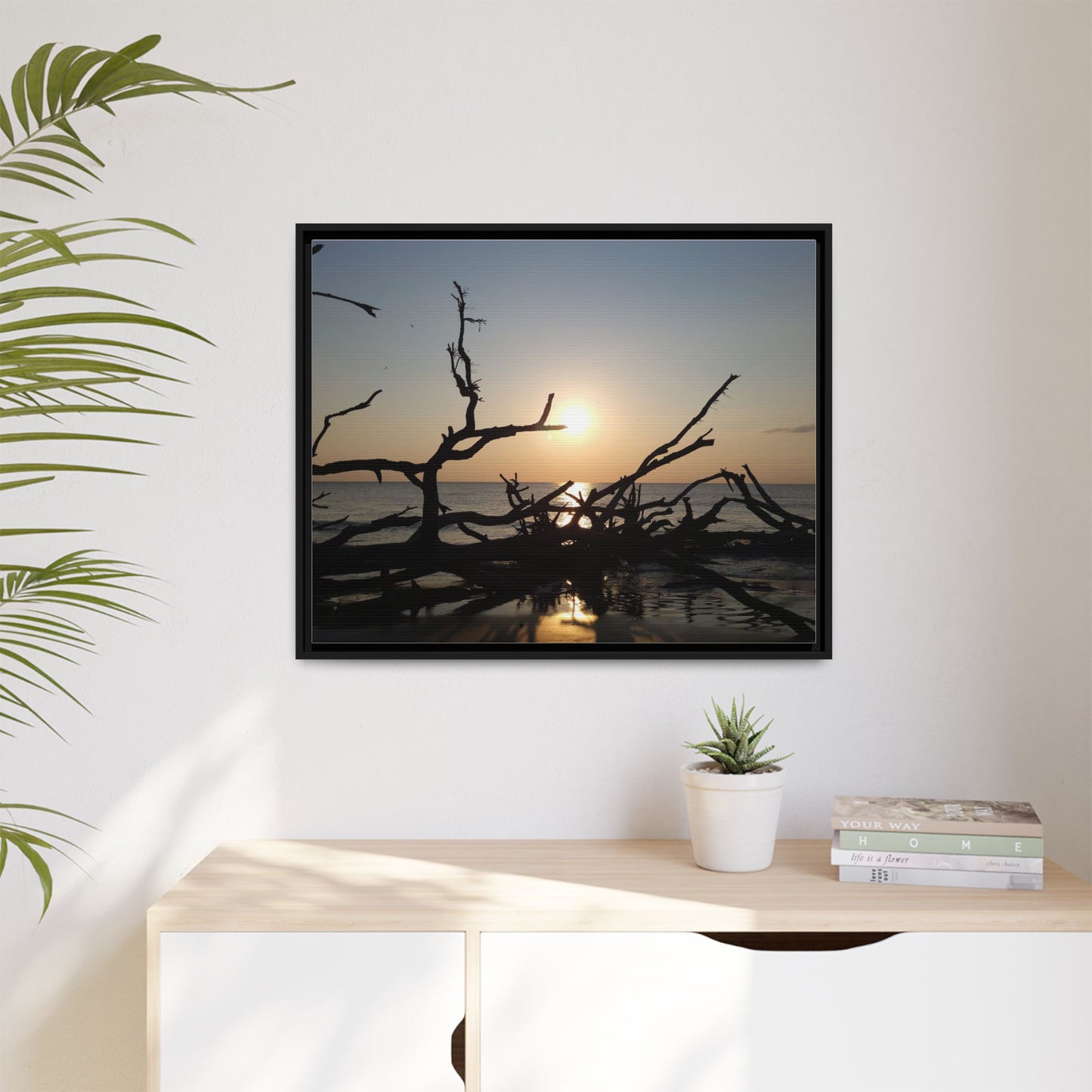 Sunset Driftwood Beach Framed Canvas