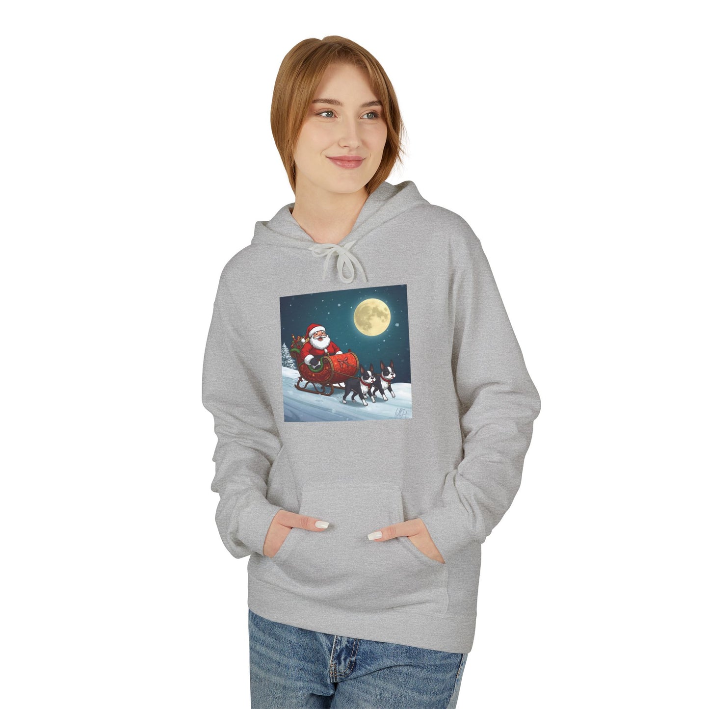 Boston Terrier Hoodie: Cute and Mighty Santas Sleigh Unisex Fleece