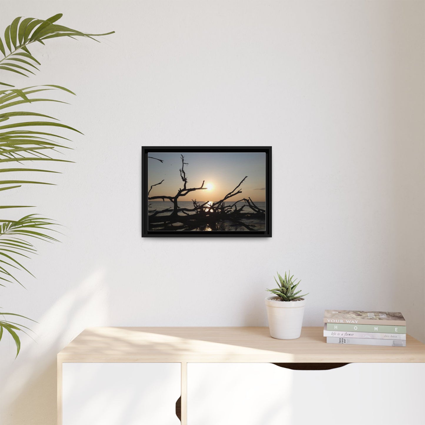 Sunset Driftwood Beach Framed Canvas