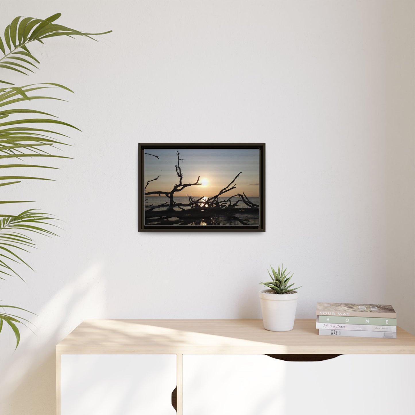 Sunset Driftwood Beach Framed Canvas