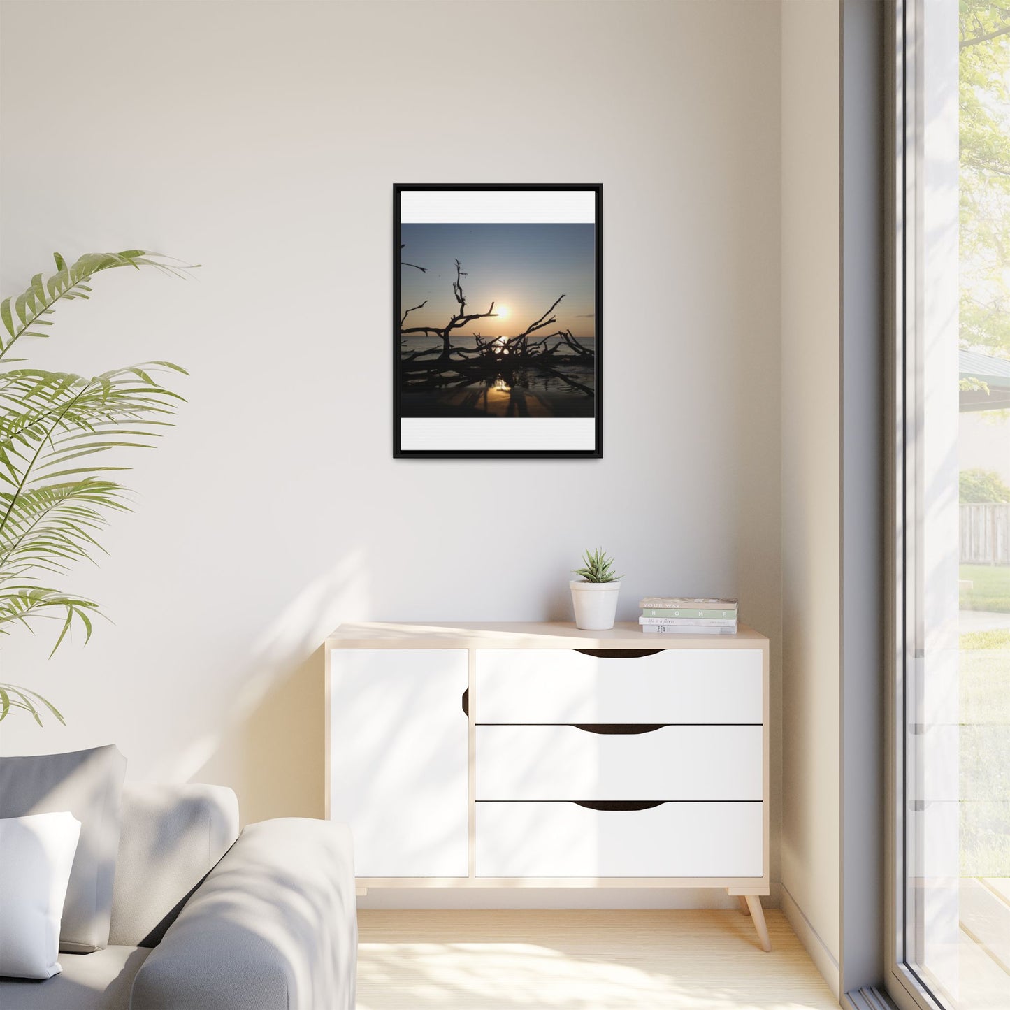 Sunset Driftwood Beach Framed Canvas
