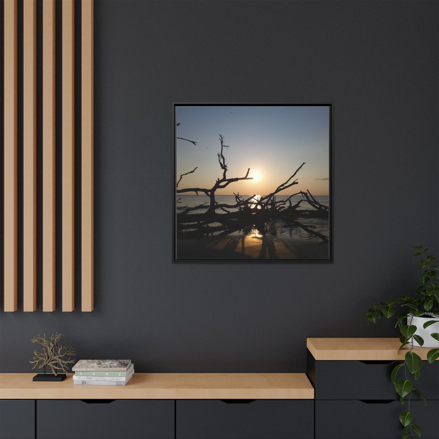 Sunset Driftwood Beach Framed Canvas