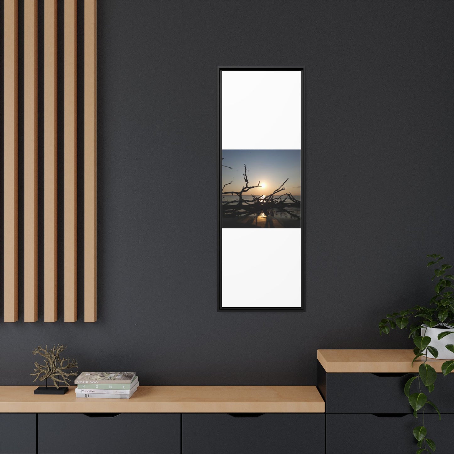 Sunset Driftwood Beach Framed Canvas