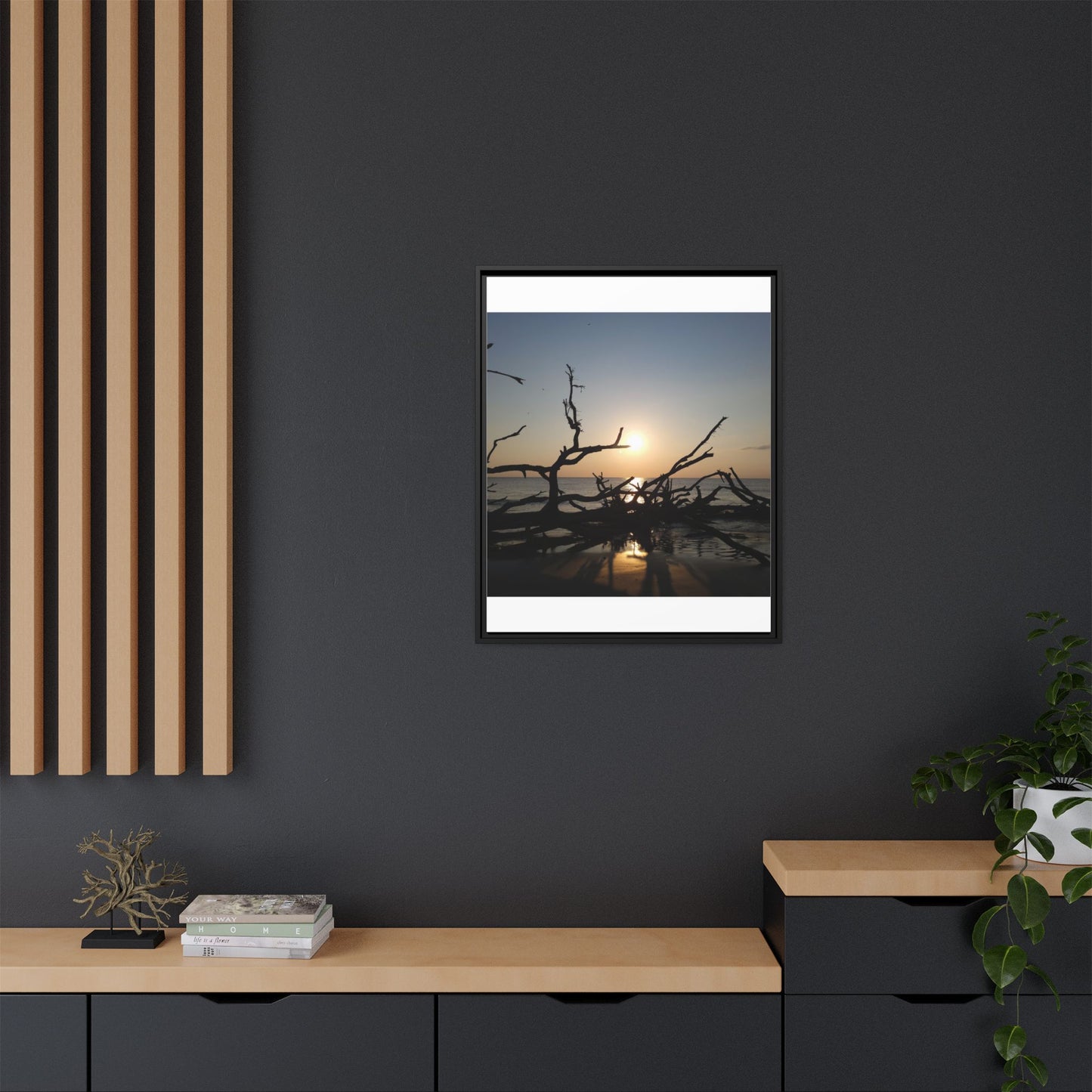 Sunset Driftwood Beach Framed Canvas