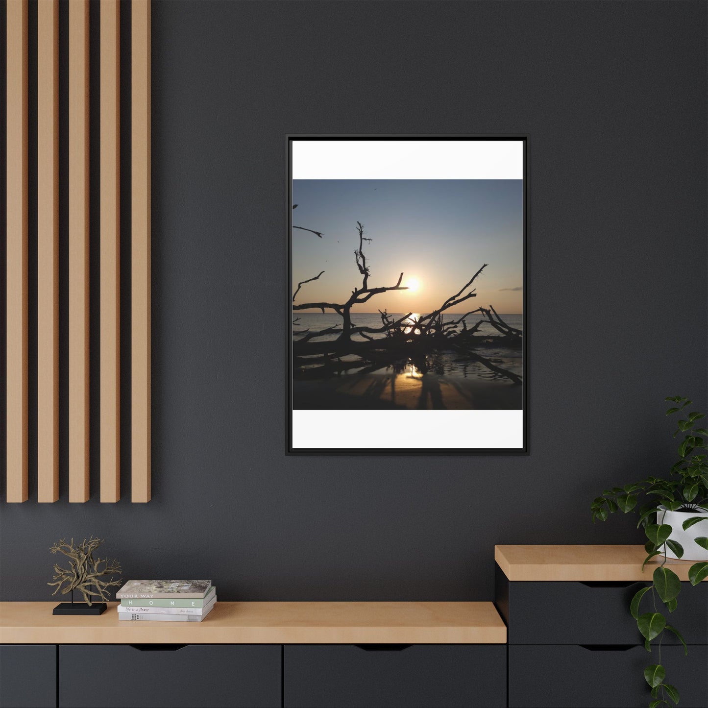 Sunset Driftwood Beach Framed Canvas