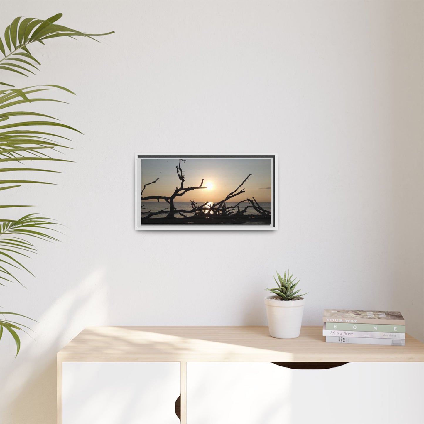 Sunset Driftwood Beach Framed Canvas