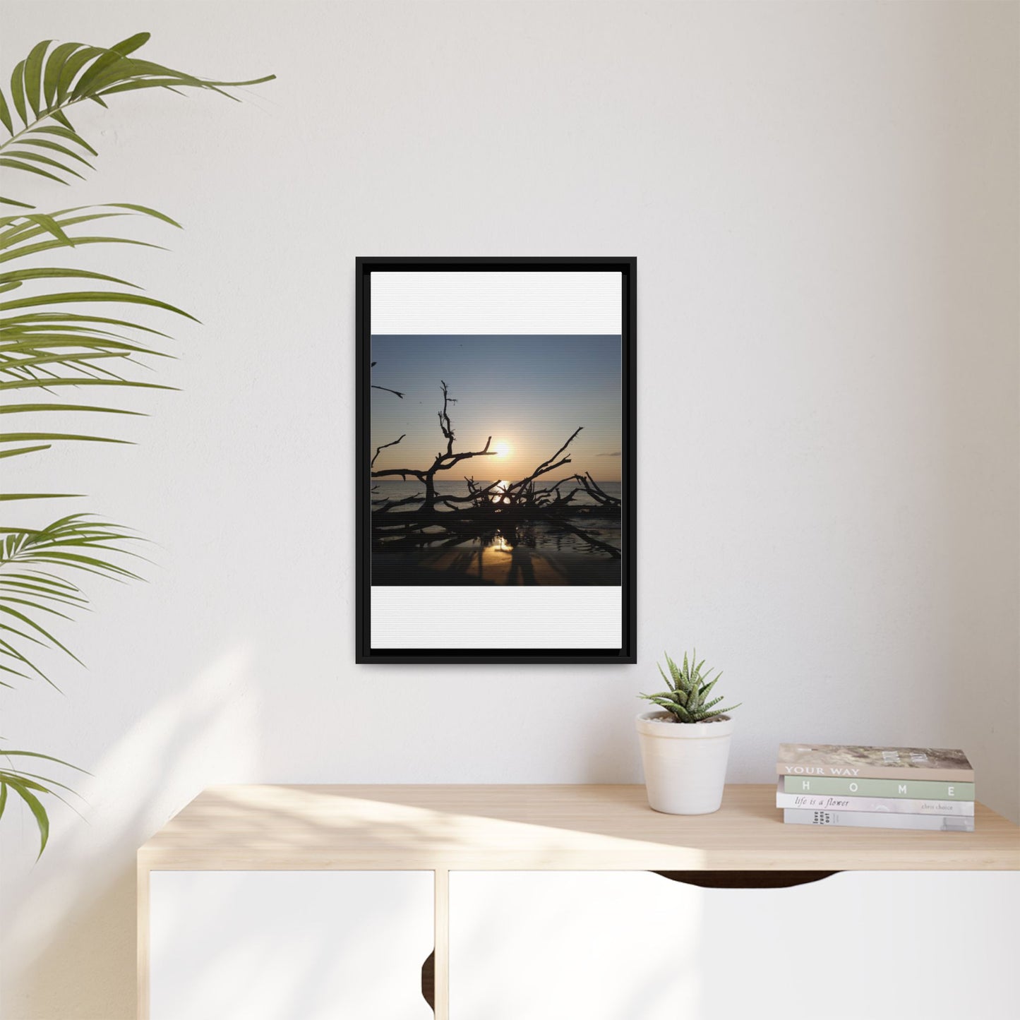Sunset Driftwood Beach Framed Canvas