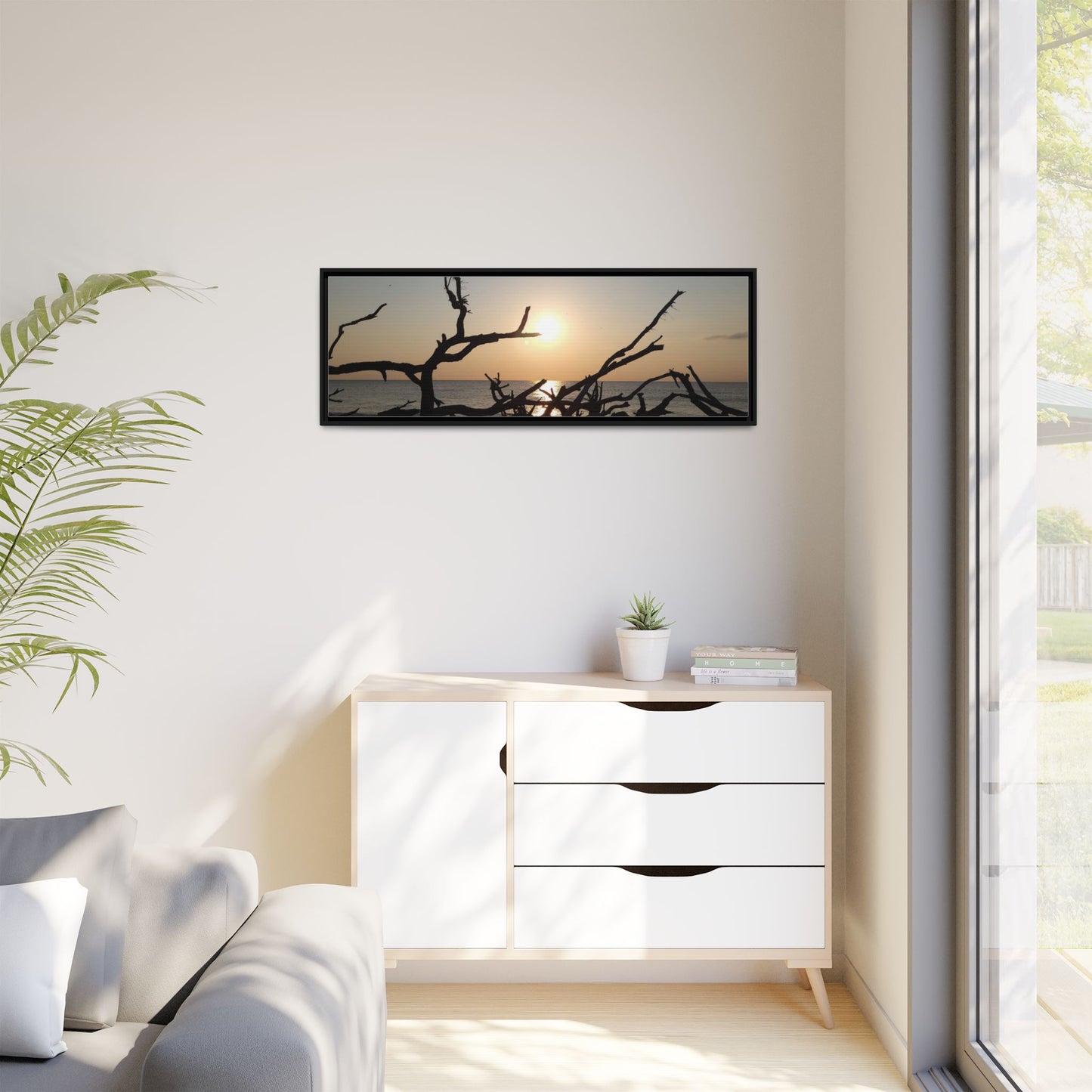 Sunset Driftwood Beach Framed Canvas