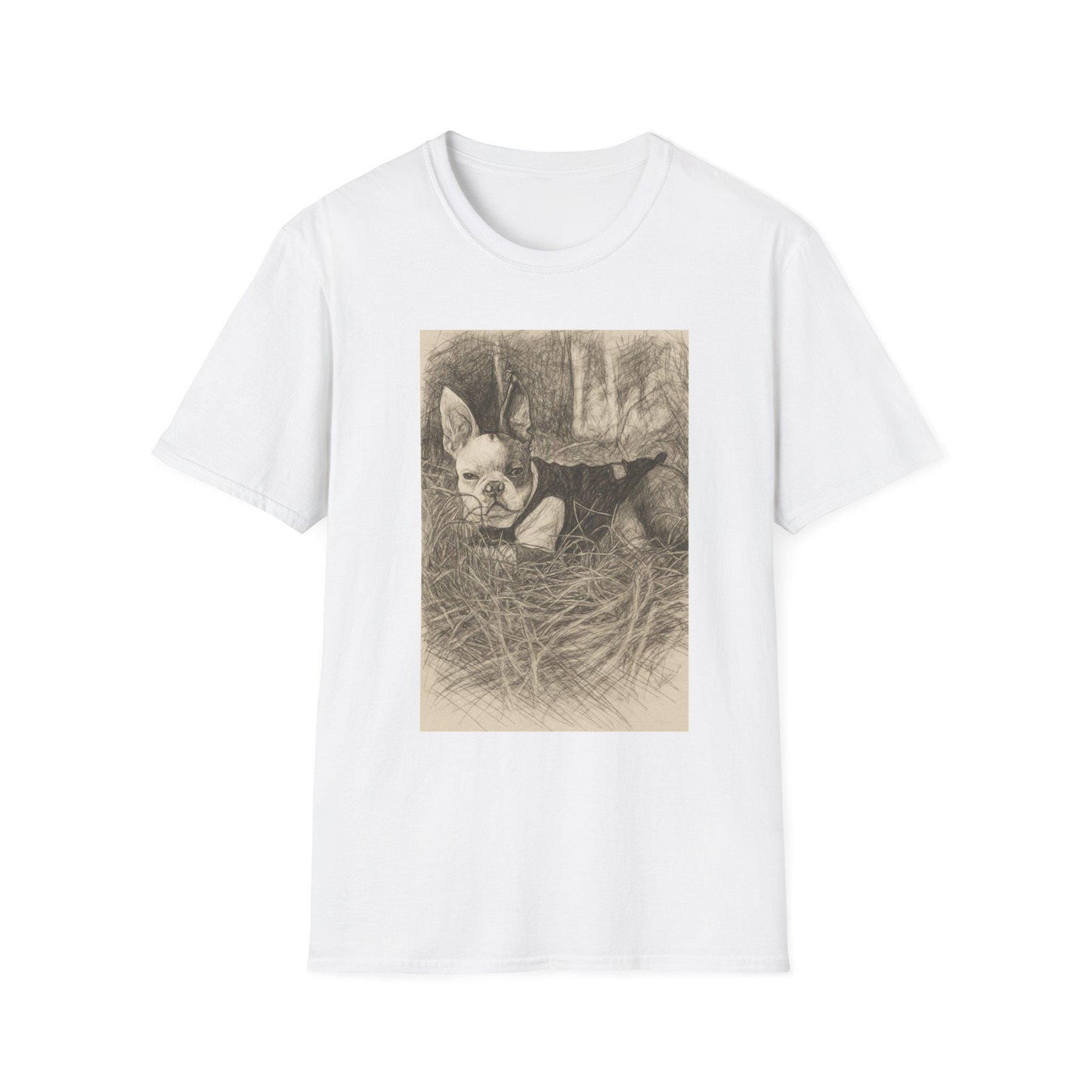 Boston Terrier 'Hay There' Softstyle T-Shirt, Cute Dog Lover Gift, Adorable Pet Sketch Tee, Animal Print Top, Dog Mom Dad Clothing