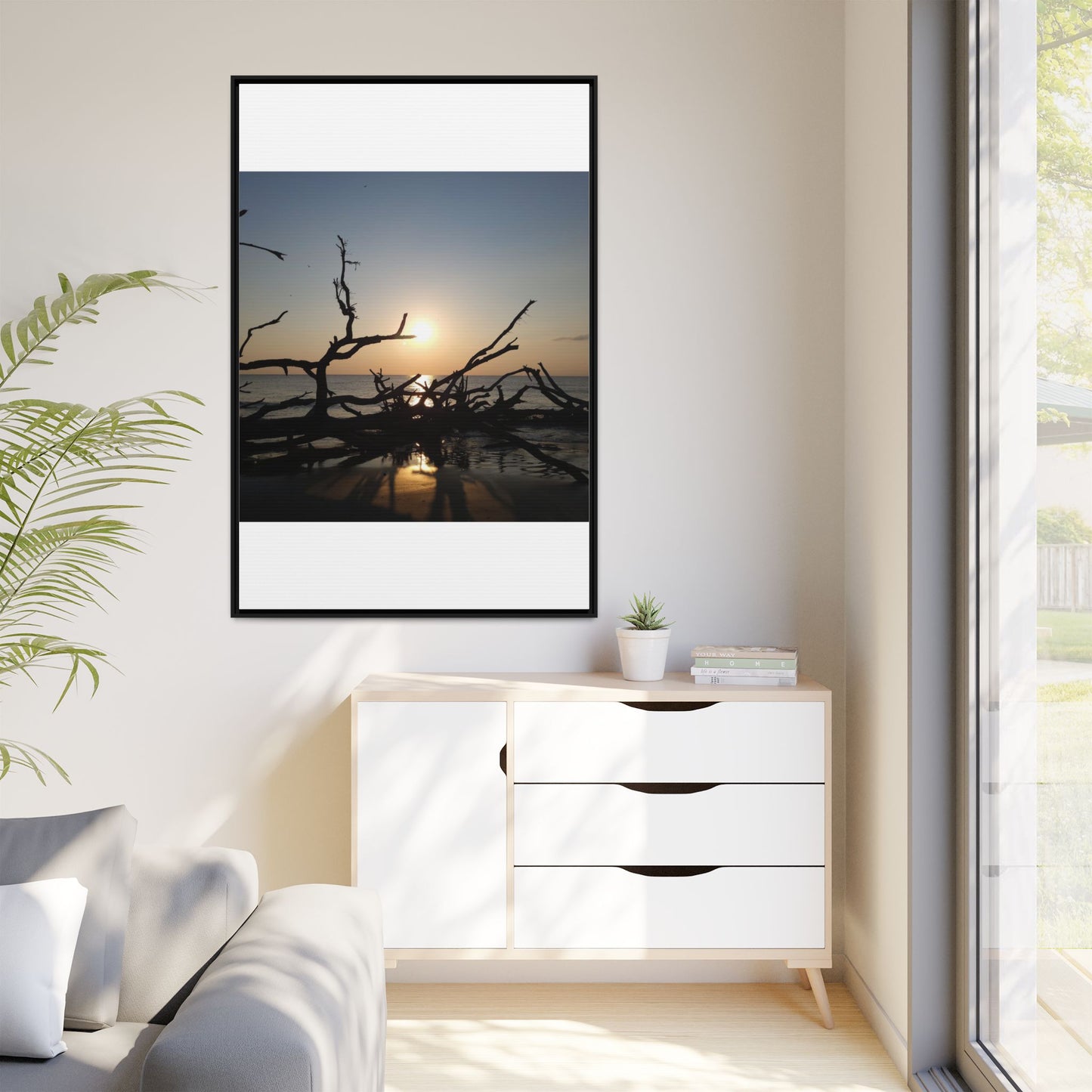 Sunset Driftwood Beach Framed Canvas