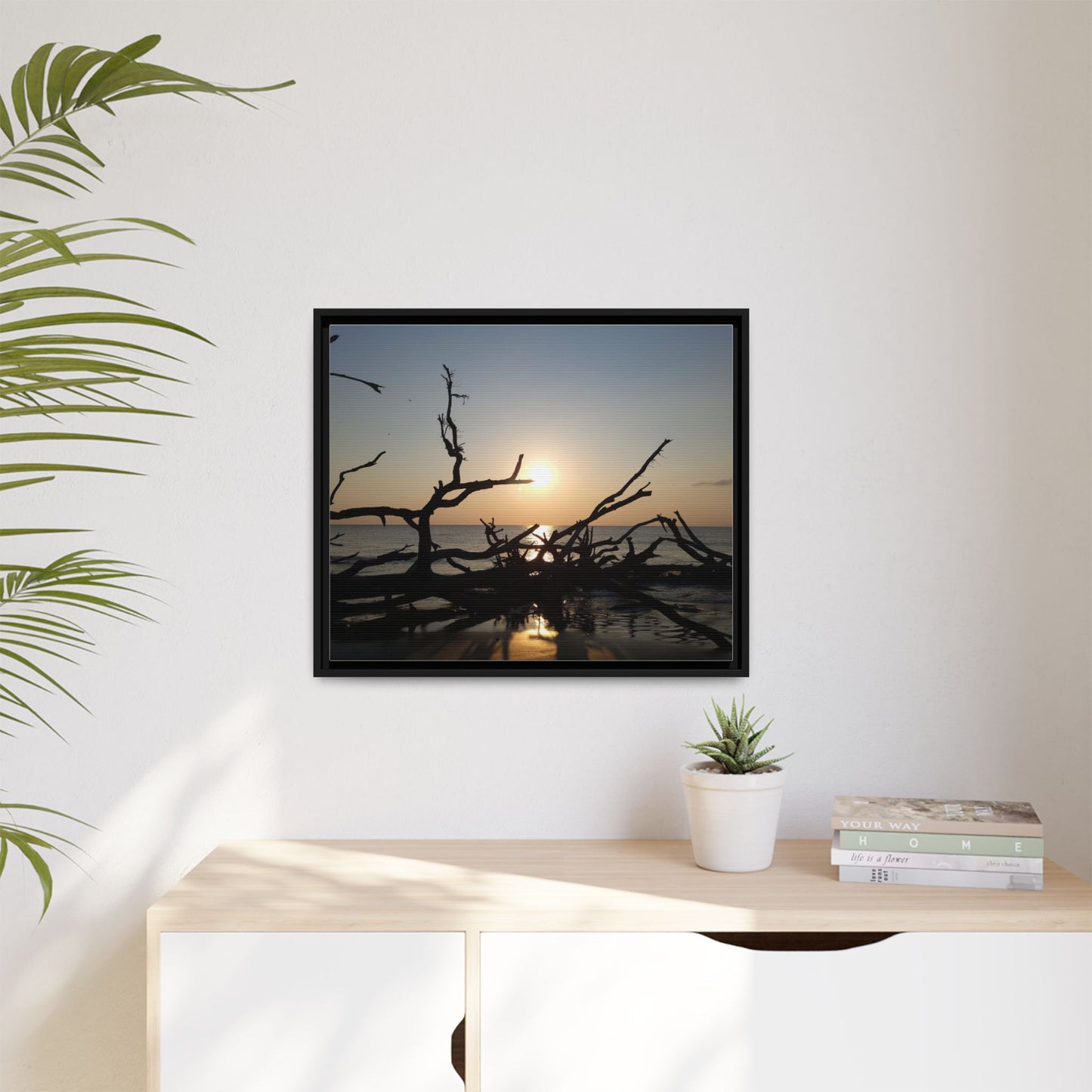 Sunset Driftwood Beach Framed Canvas