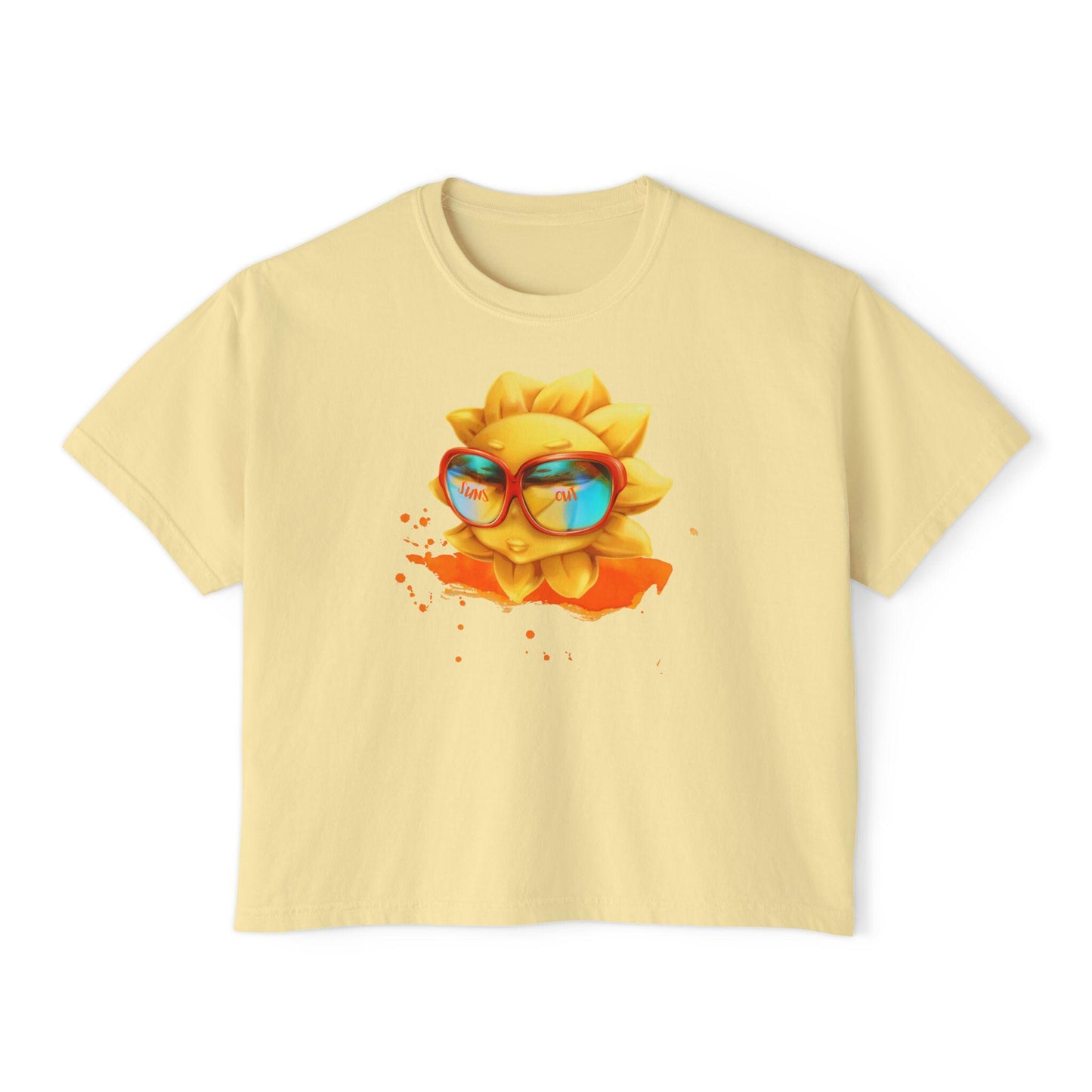 Summer Sun Smiles Women's Boxy Tee, Fun Stylish Orange Abstract Design, Suns Out Graphic Shirt, Trendy Short Sleeve Top, Cute Summer Tee