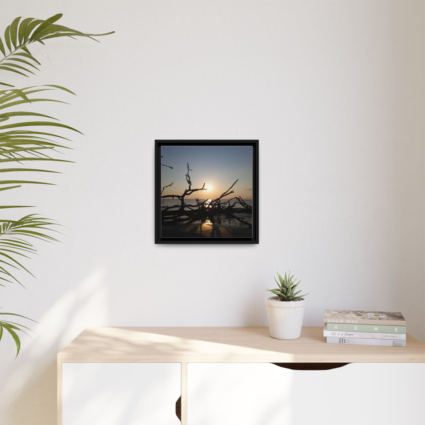 Sunset Driftwood Beach Framed Canvas