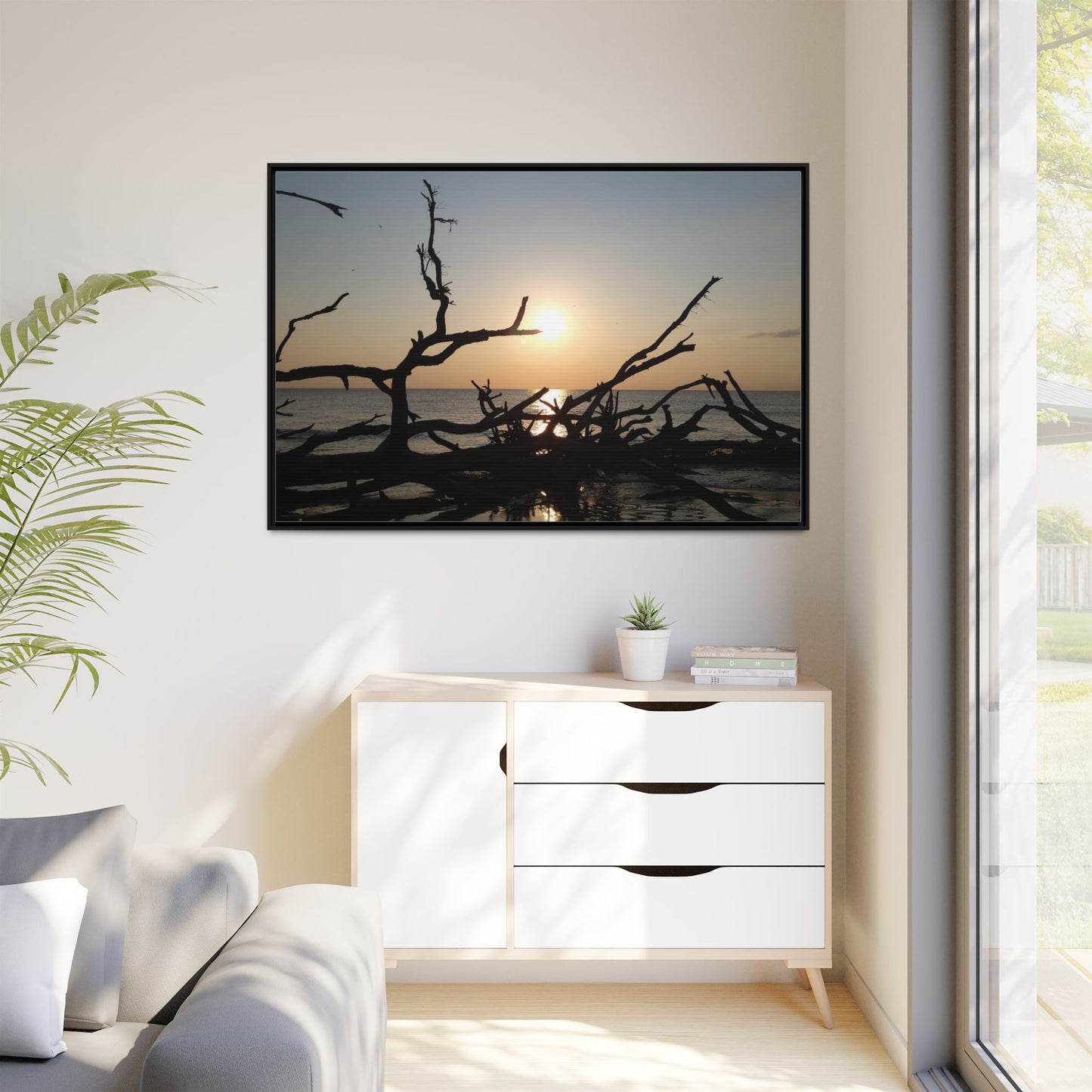 Sunset Driftwood Beach Framed Canvas
