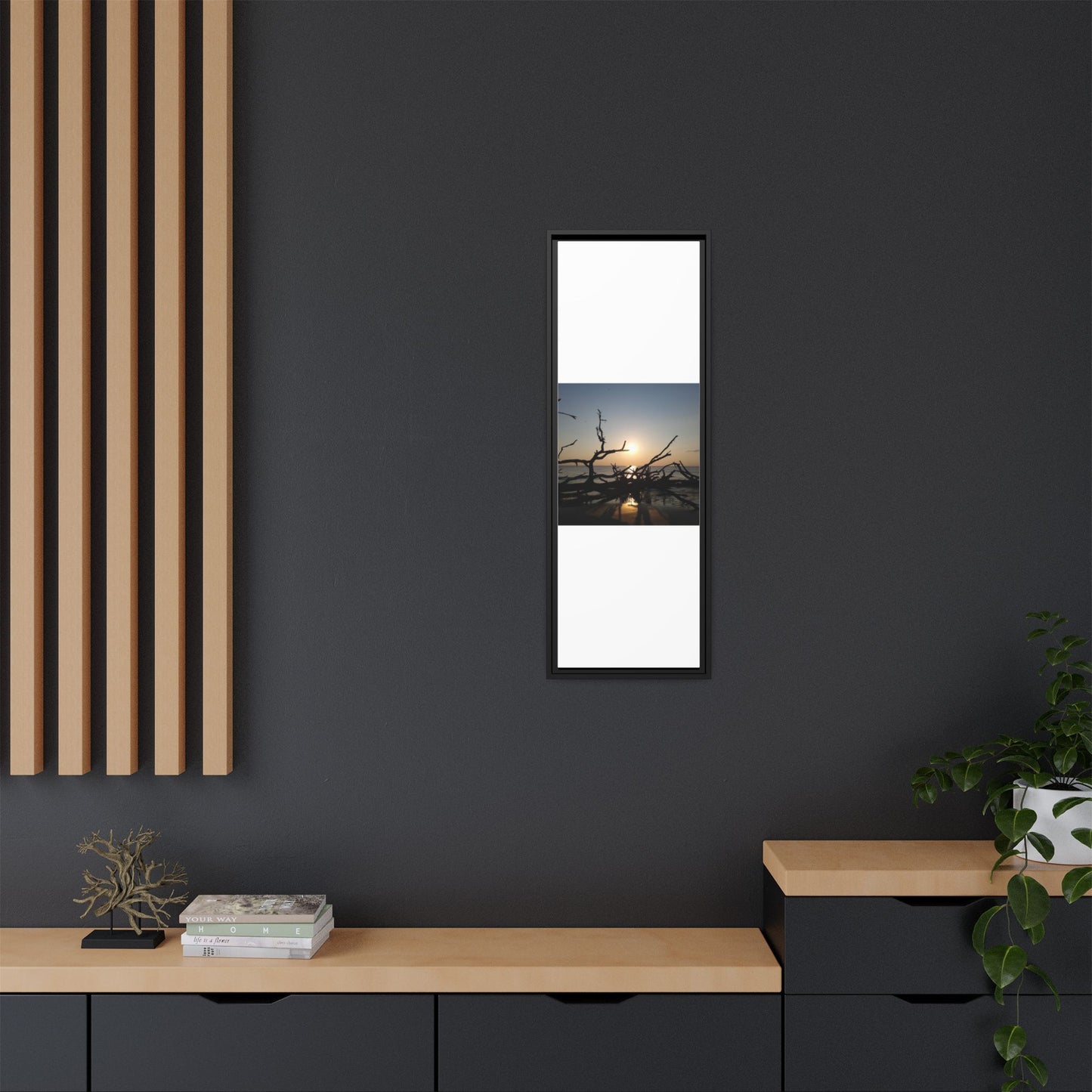 Sunset Driftwood Beach Framed Canvas