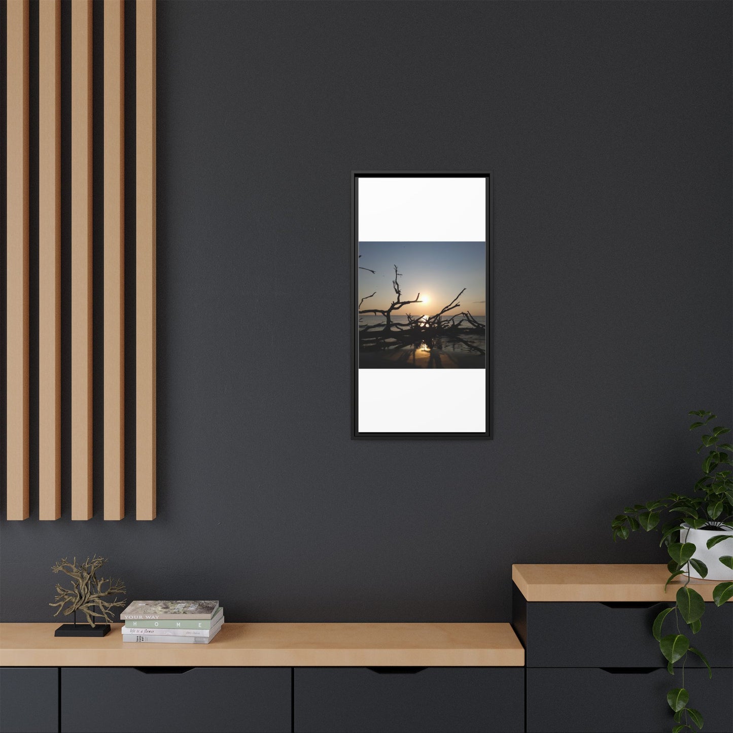 Sunset Driftwood Beach Framed Canvas