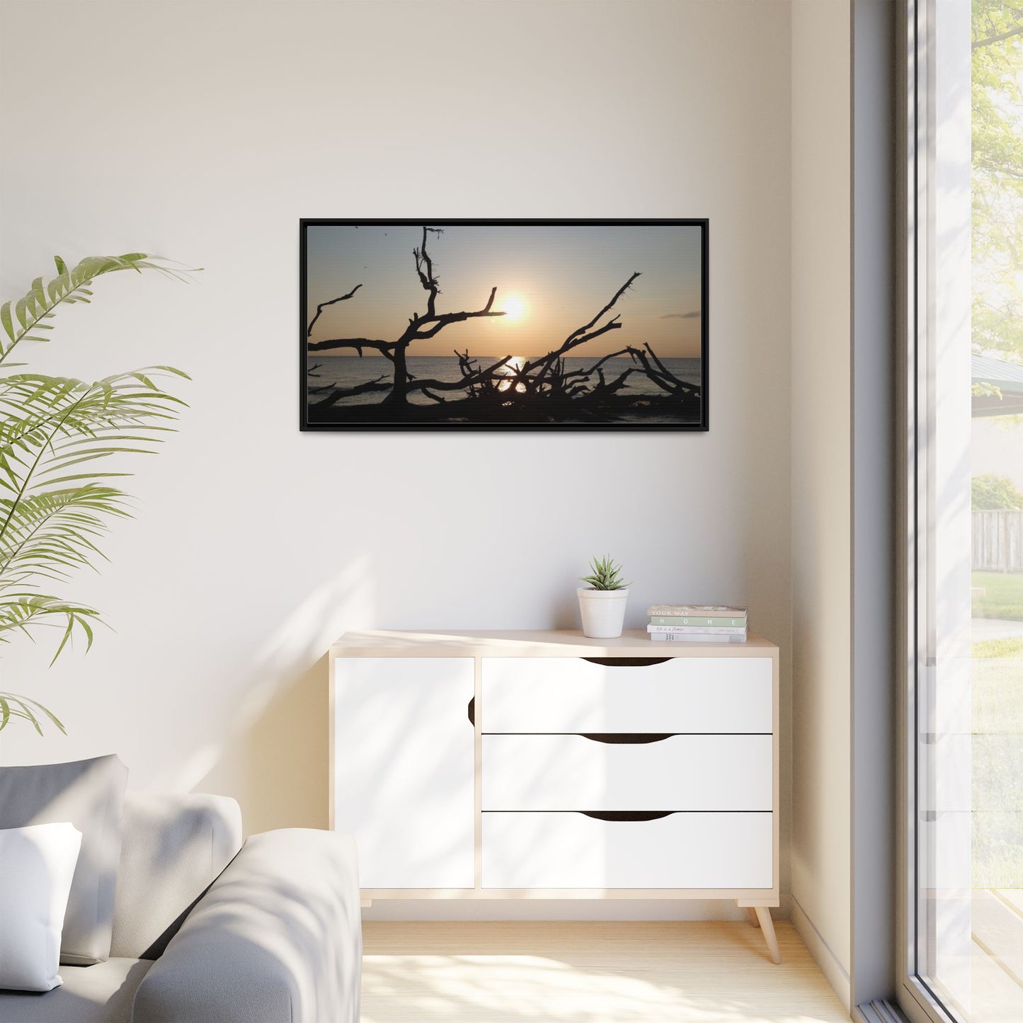 Sunset Driftwood Beach Framed Canvas