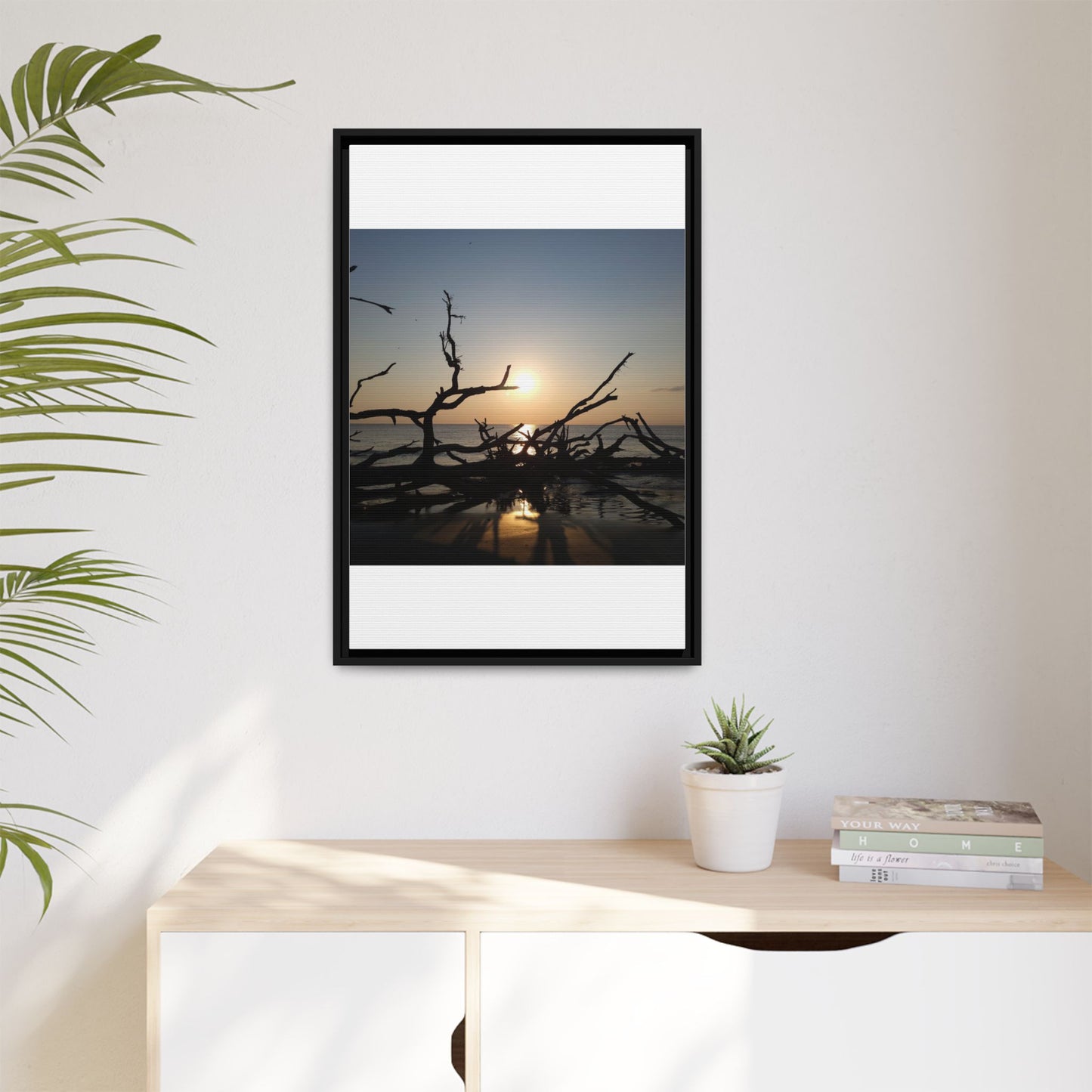 Sunset Driftwood Beach Framed Canvas