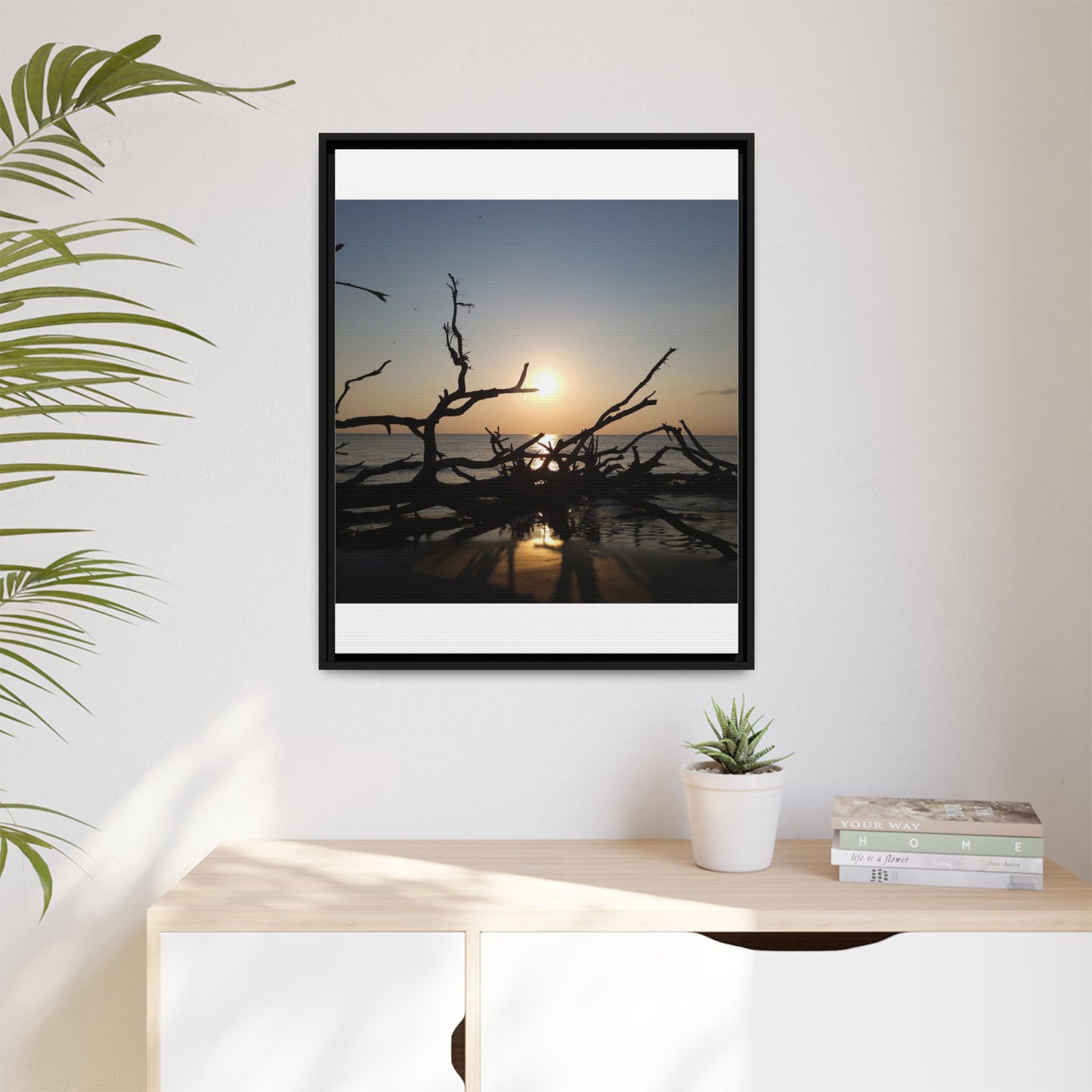 Sunset Driftwood Beach Framed Canvas