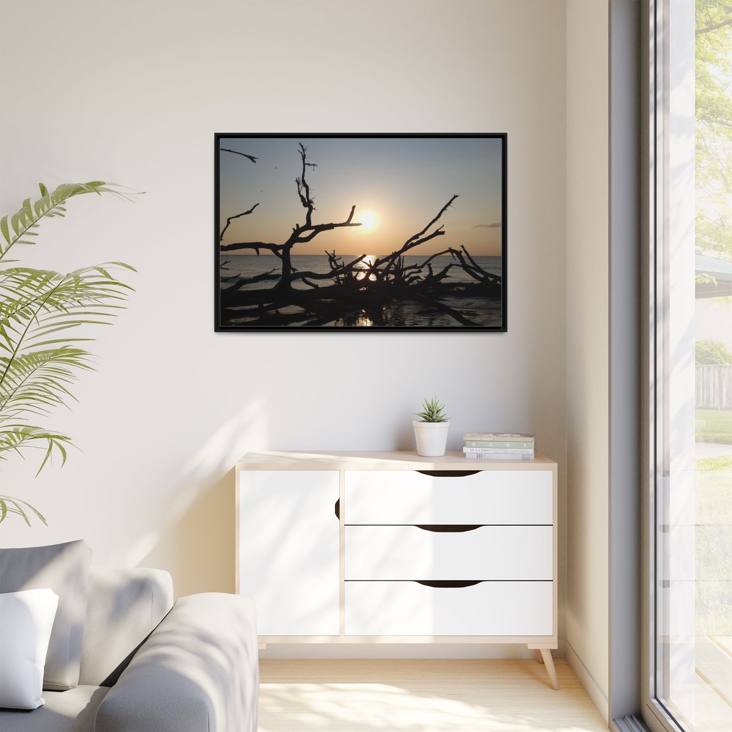 Sunset Driftwood Beach Framed Canvas