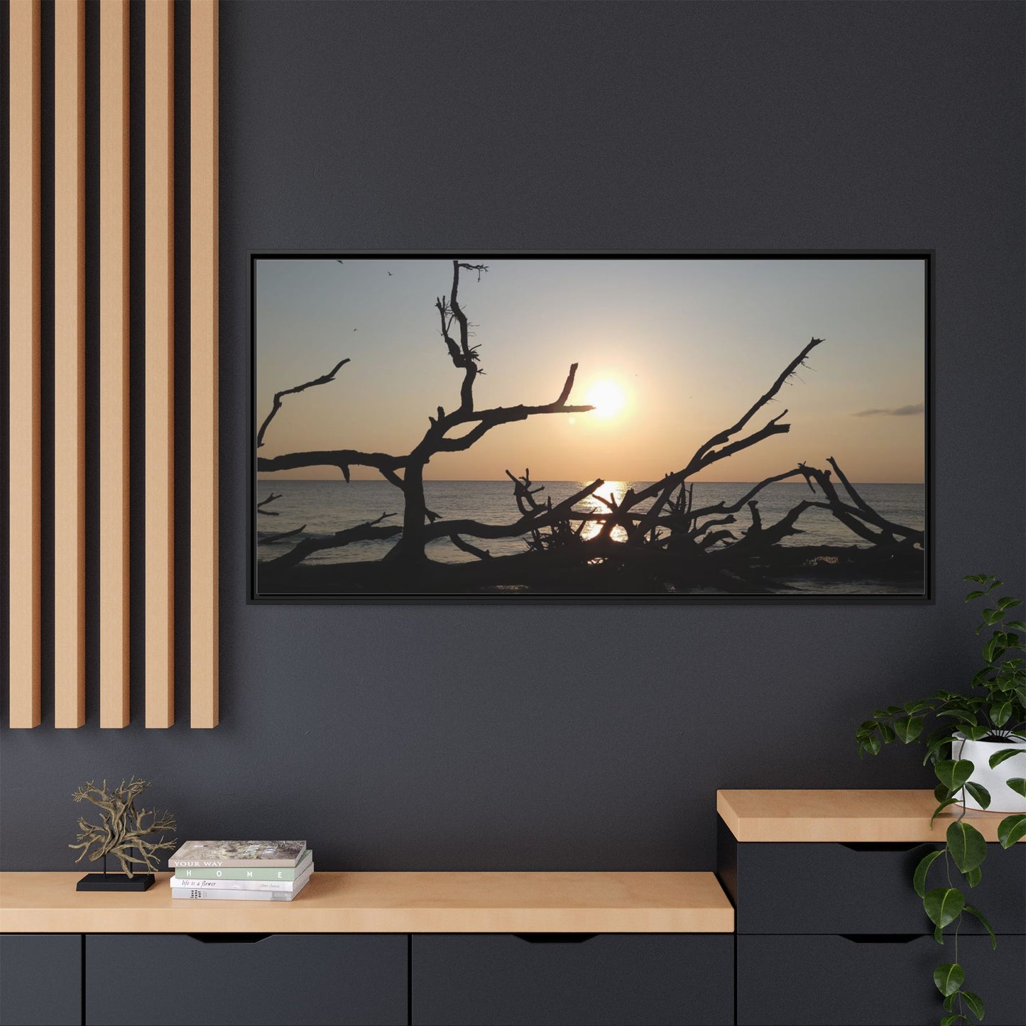 Sunset Driftwood Beach Framed Canvas