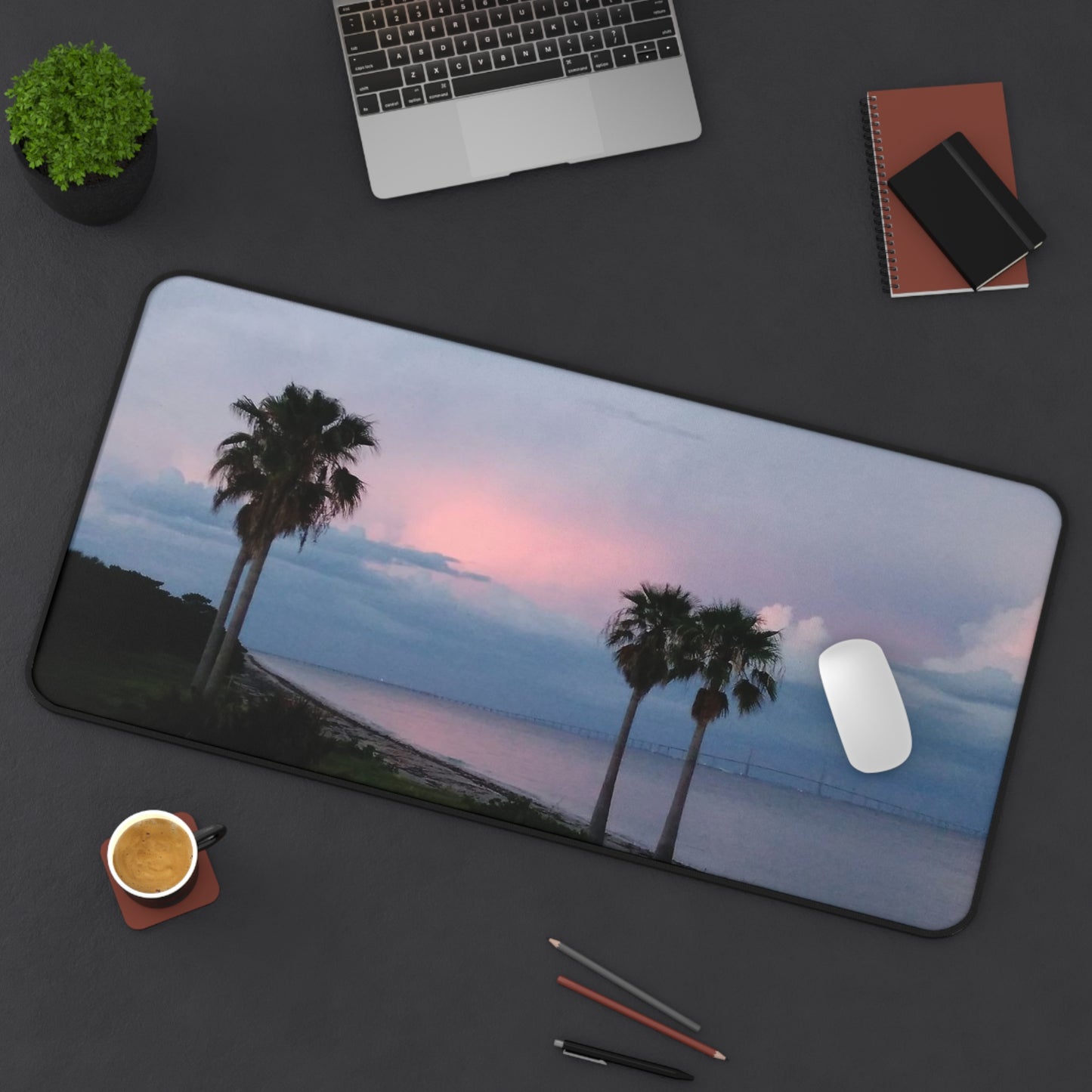 Desk Mat, Palm Trees on the Beach at Sunset - Tropical Office Decor, Work from Home Gift, Desk Accessories, Mouse Pad, Computer Pad