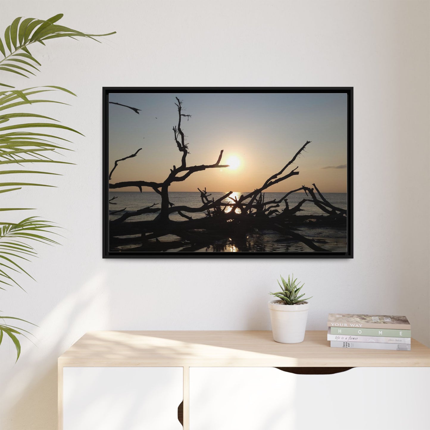 Sunset Driftwood Beach Framed Canvas