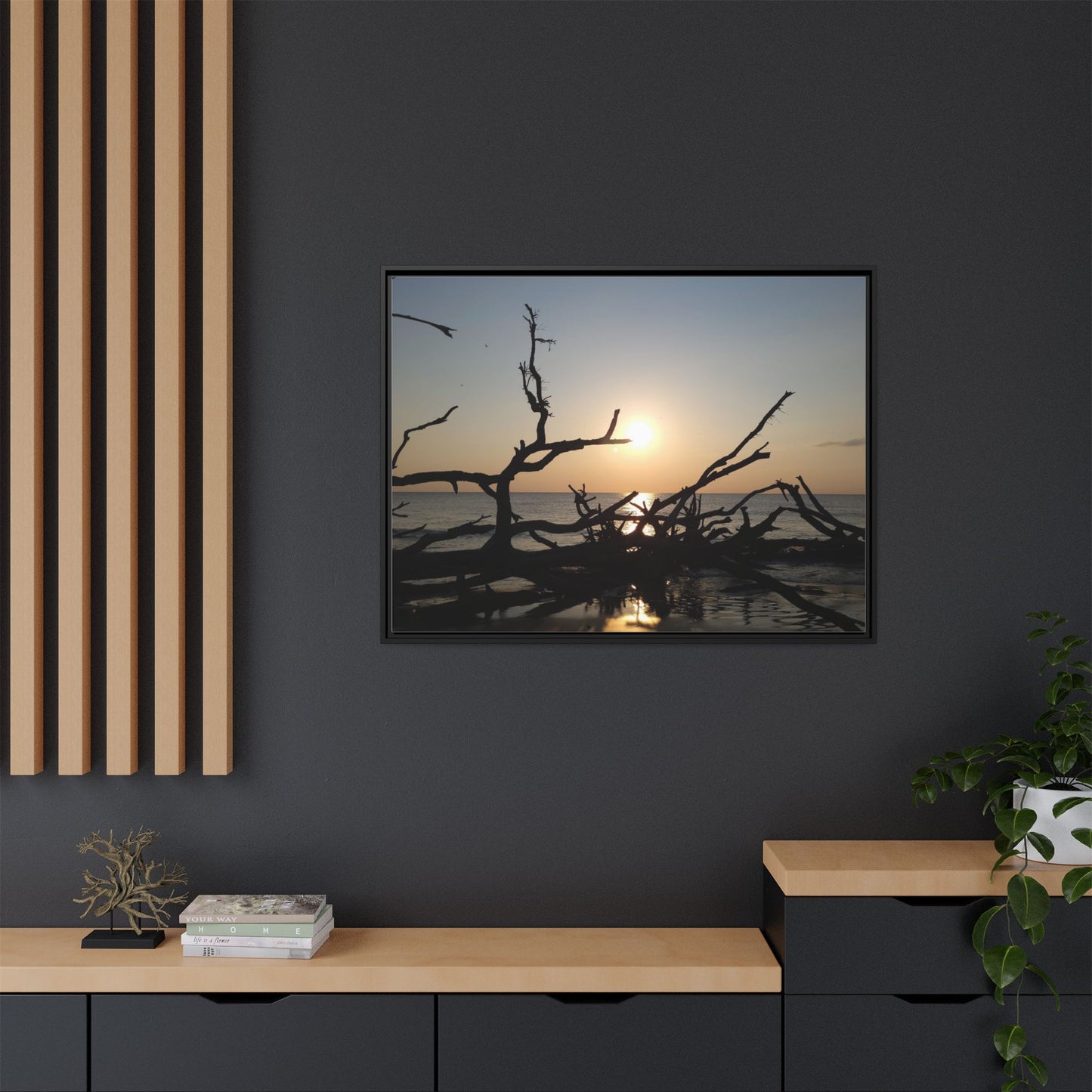 Sunset Driftwood Beach Framed Canvas