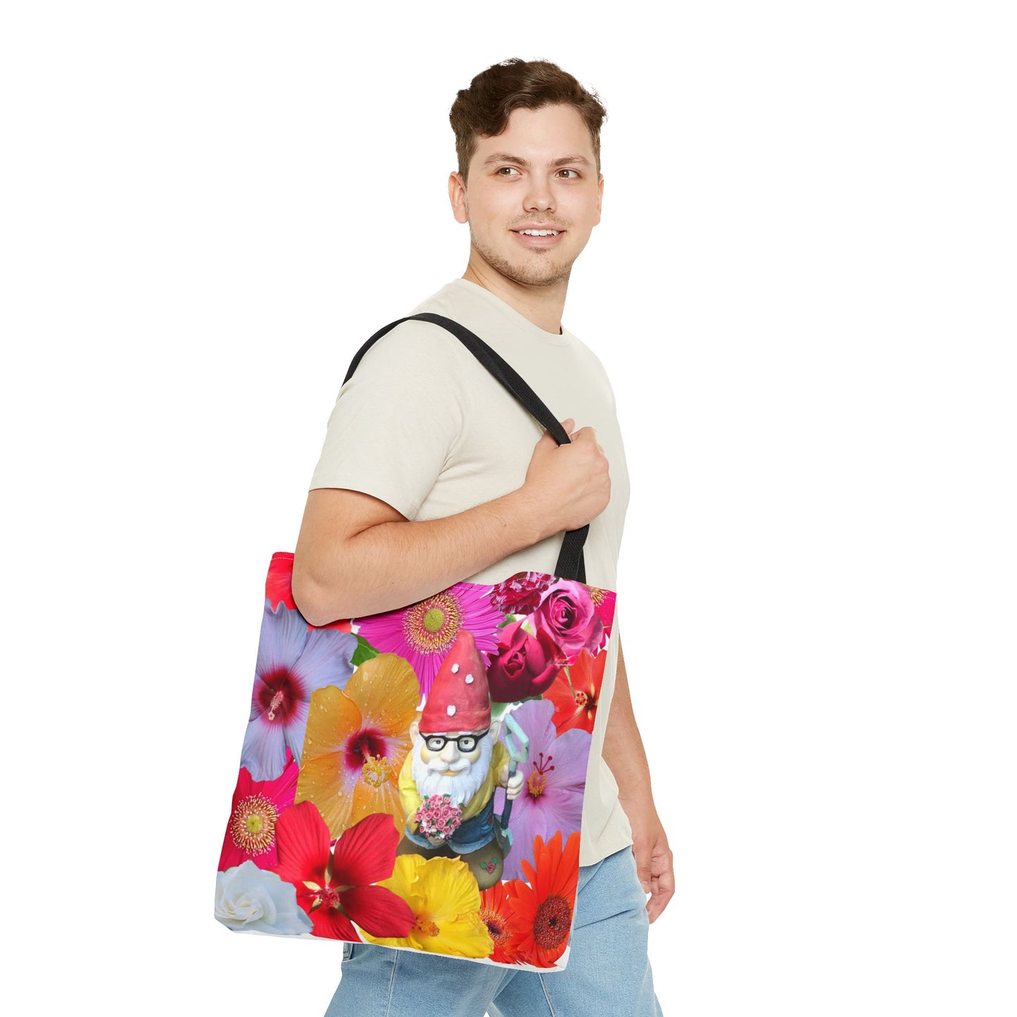 Whimsical Floral Gnome Tote Bag, Colorful Shopping Bag, Garden Lover Gift, Eco-Friendly Tote, Summer Vibes, Unique Birthday Present