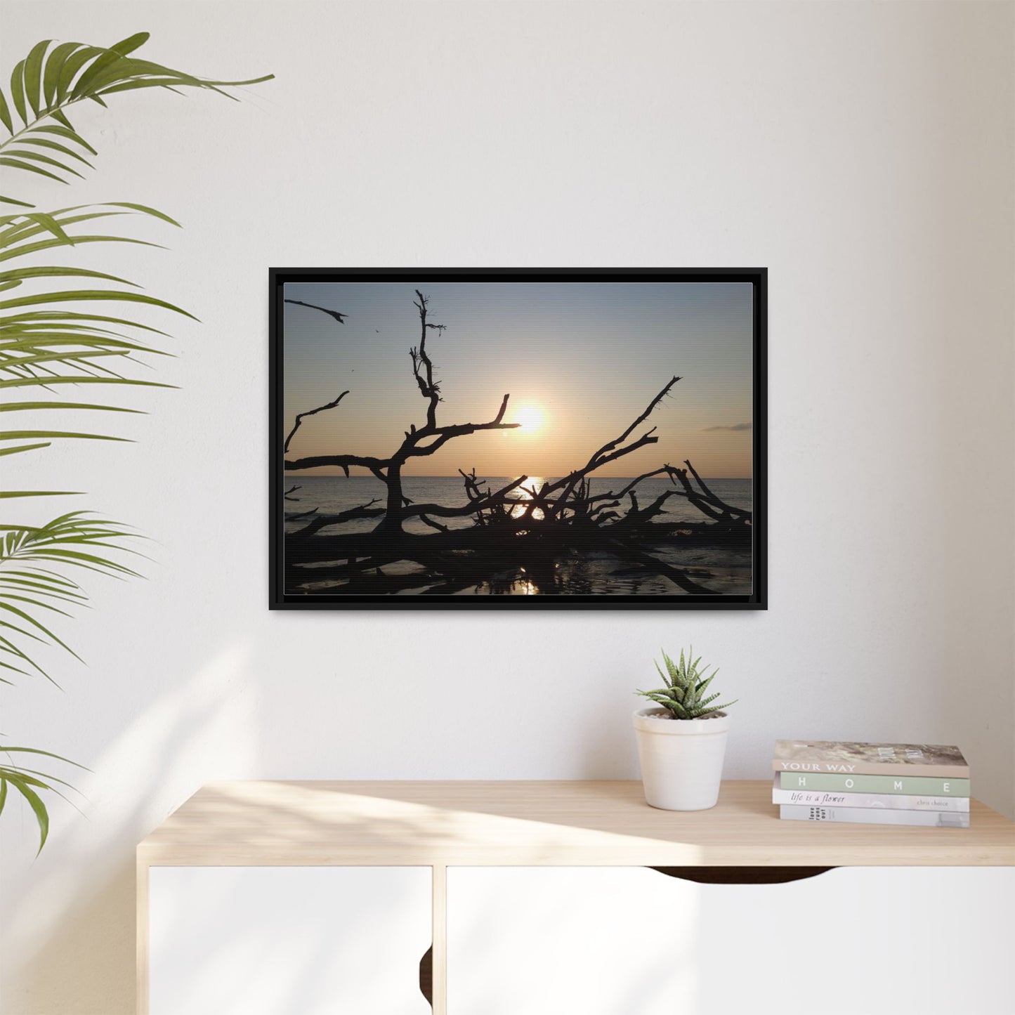Sunset Driftwood Beach Framed Canvas