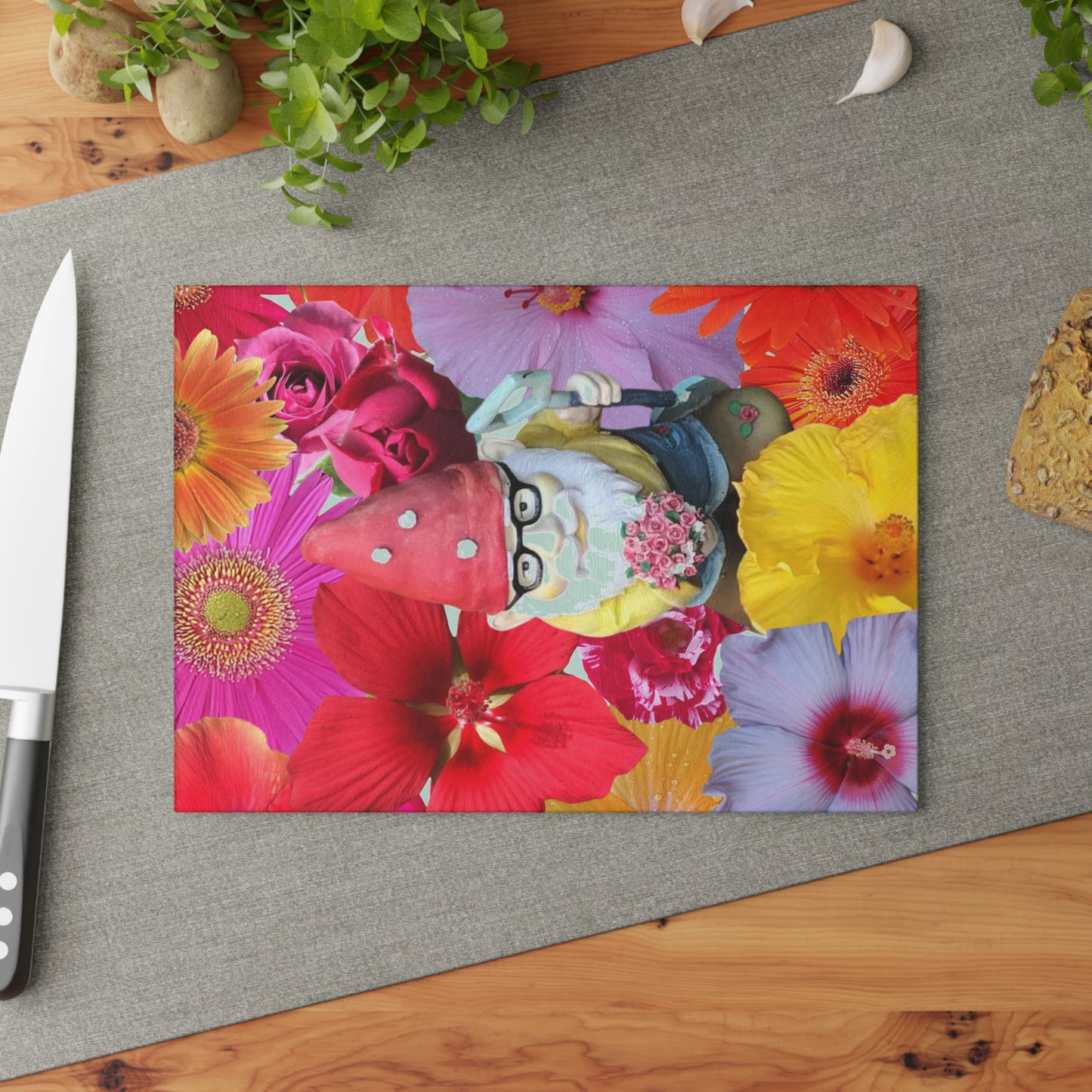 Cutting Board - Whimsical Flower and Gnome Design
