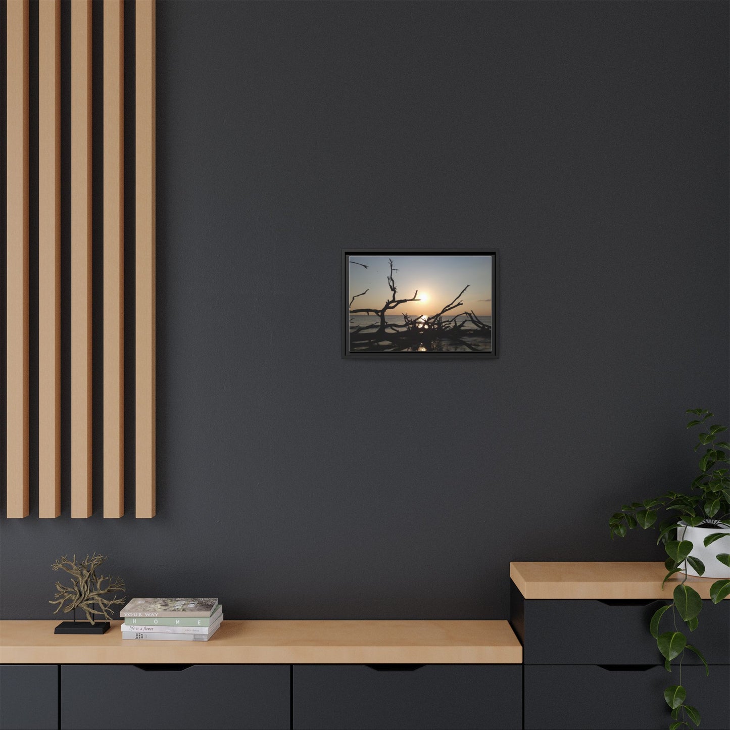 Sunset Driftwood Beach Framed Canvas