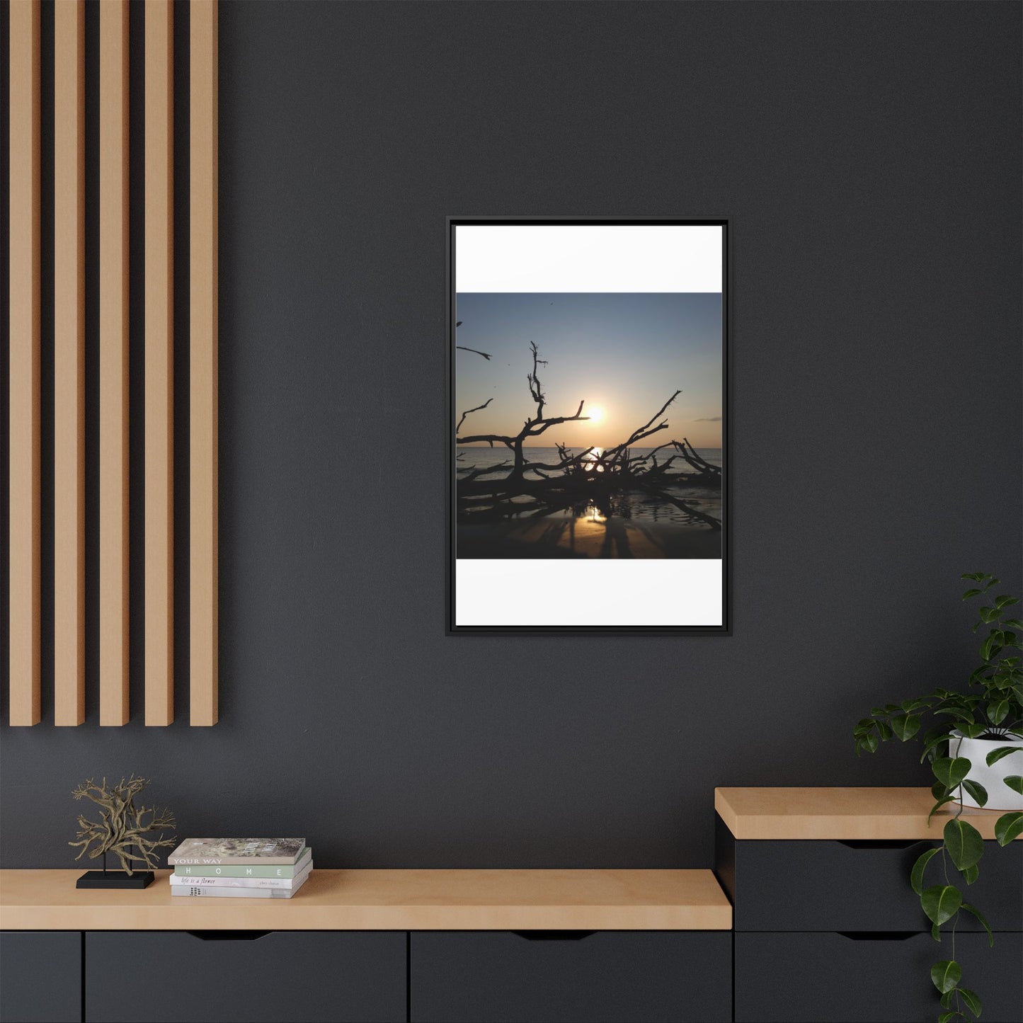 Sunset Driftwood Beach Framed Canvas