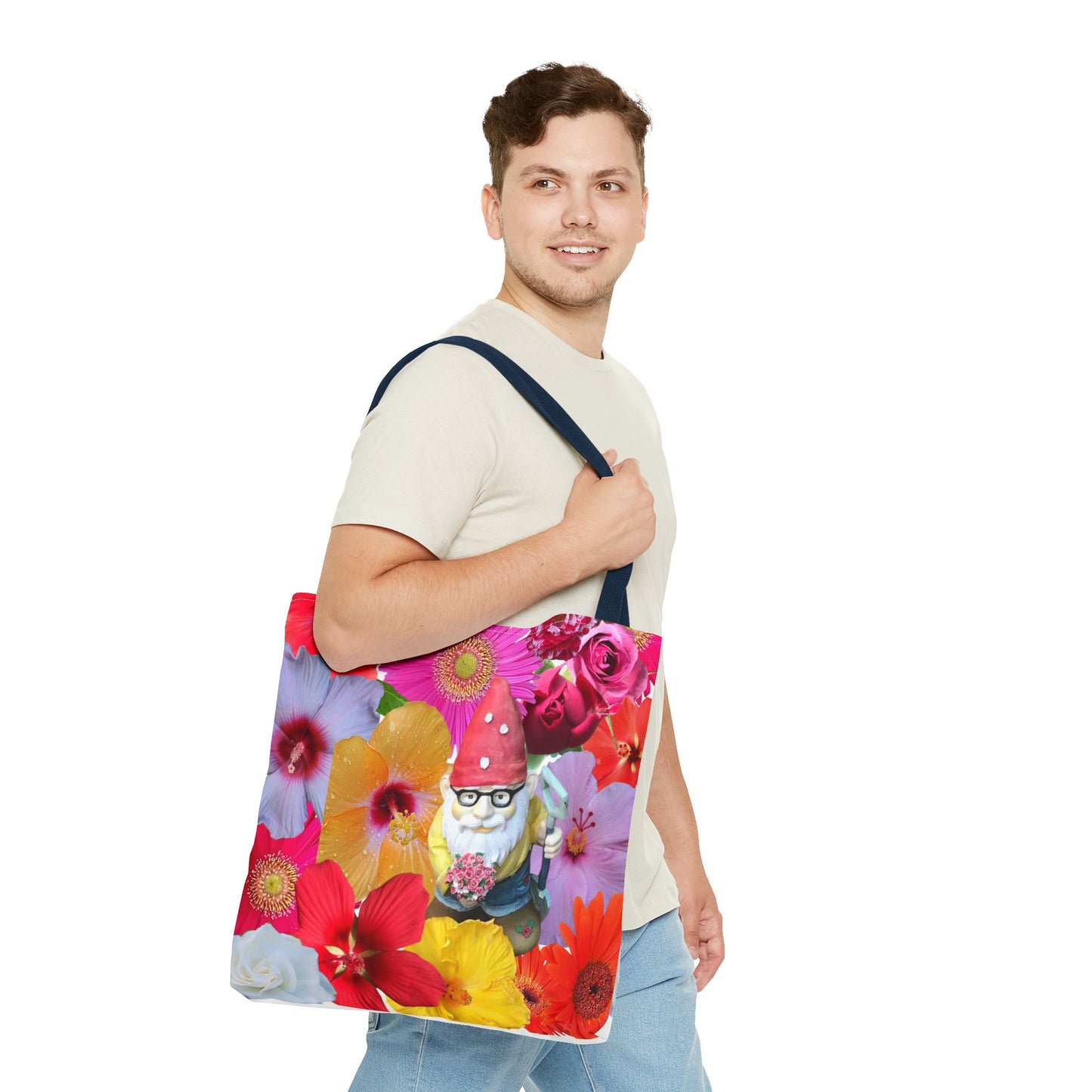 Whimsical Floral Gnome Tote Bag, Colorful Shopping Bag, Garden Lover Gift, Eco-Friendly Tote, Summer Vibes, Unique Birthday Present