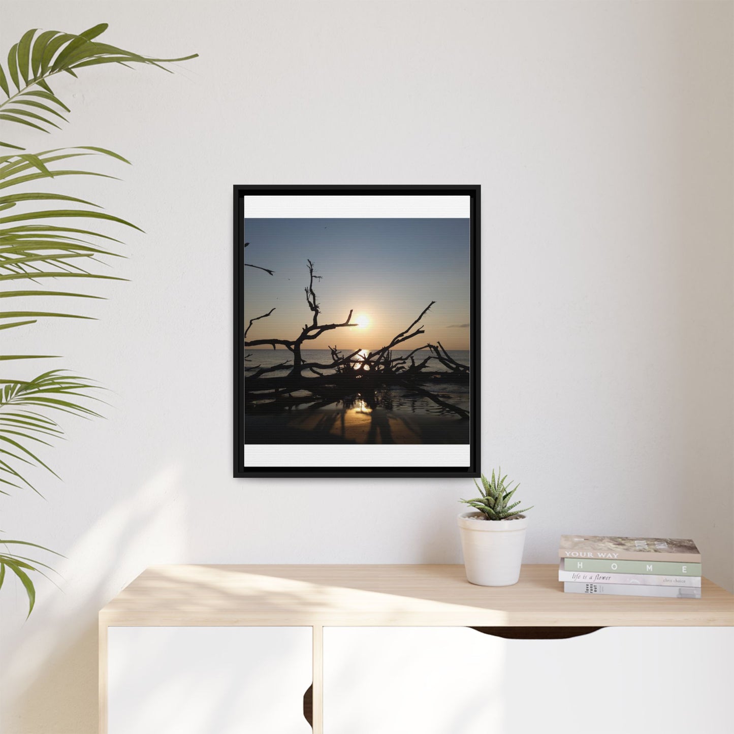 Sunset Driftwood Beach Framed Canvas