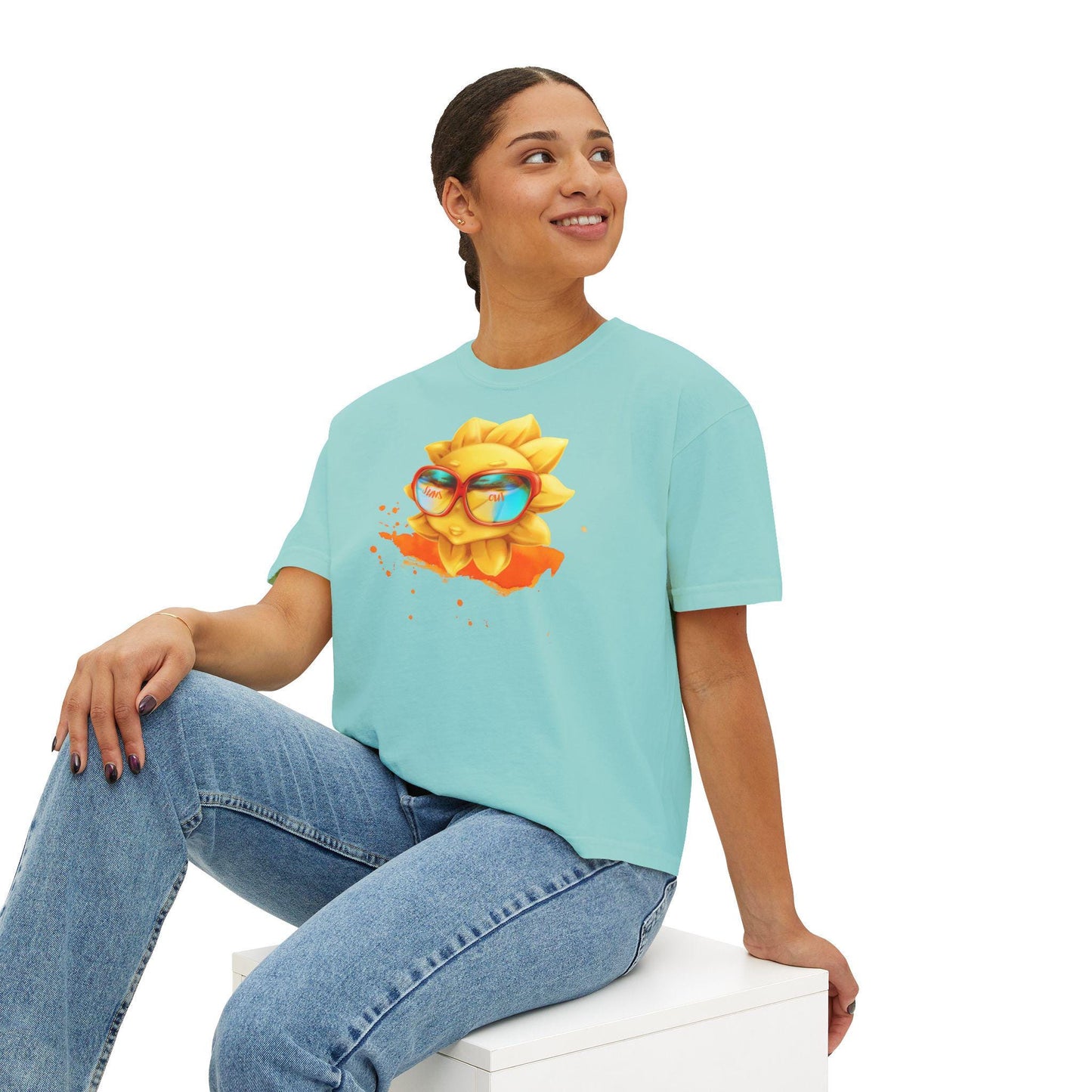 Summer Sun Smiles Women's Boxy Tee, Fun Stylish Orange Abstract Design, Suns Out Graphic Shirt, Trendy Short Sleeve Top, Cute Summer Tee