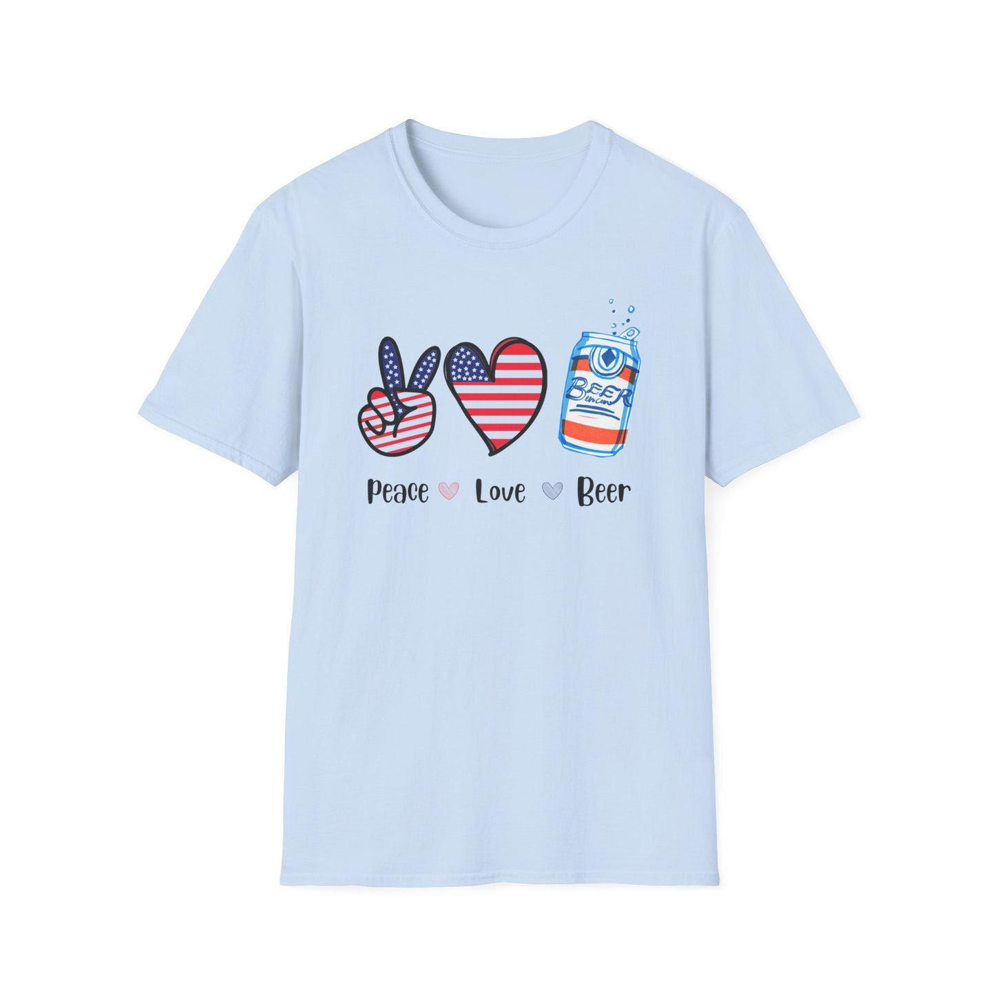 Peace, Love and Beer, Memorial day tee, 4th of July tee, Beer lover tee, beer lover gift, Summer party tee, Unisex Softstyle T-Shirt