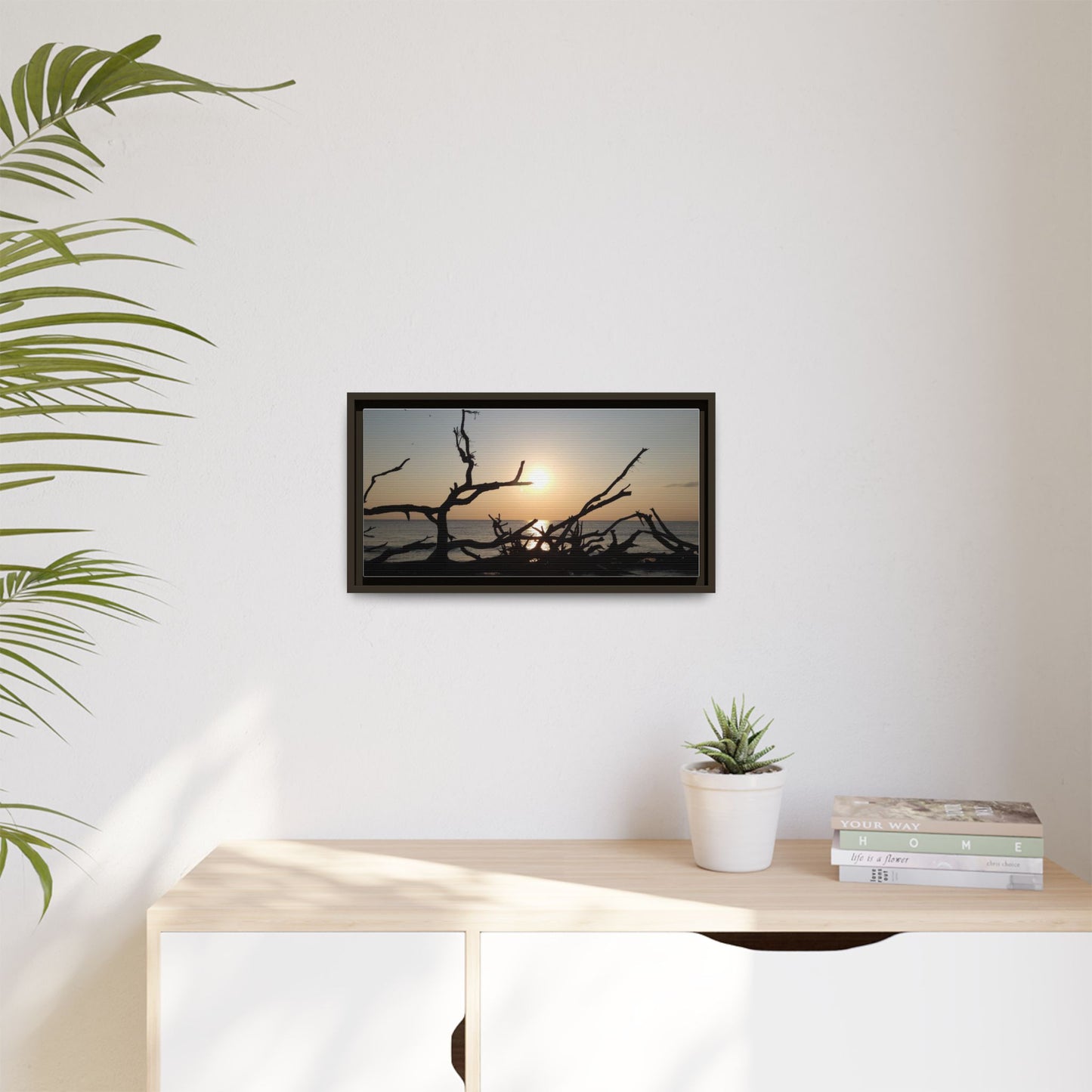 Sunset Driftwood Beach Framed Canvas