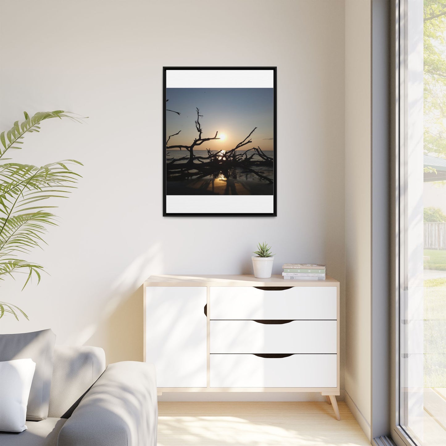 Sunset Driftwood Beach Framed Canvas