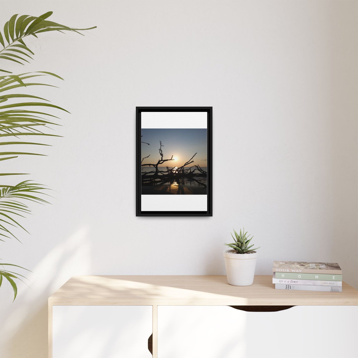 Sunset Driftwood Beach Framed Canvas