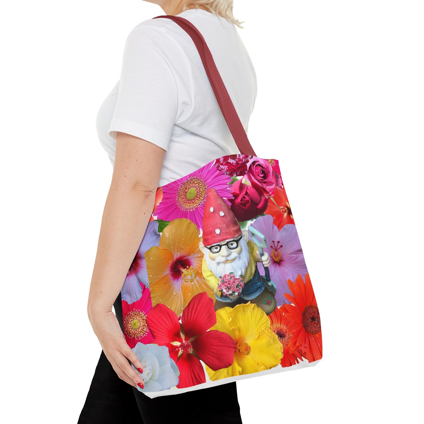 Whimsical Floral Gnome Tote Bag, Colorful Shopping Bag, Garden Lover Gift, Eco-Friendly Tote, Summer Vibes, Unique Birthday Present