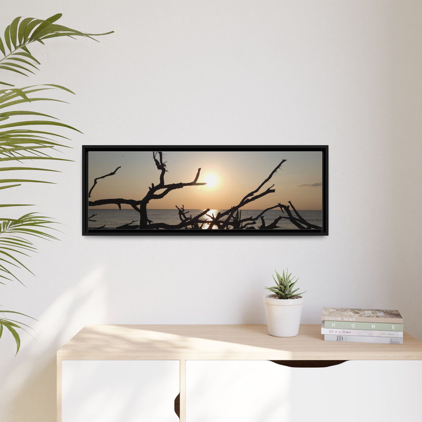 Sunset Driftwood Beach Framed Canvas