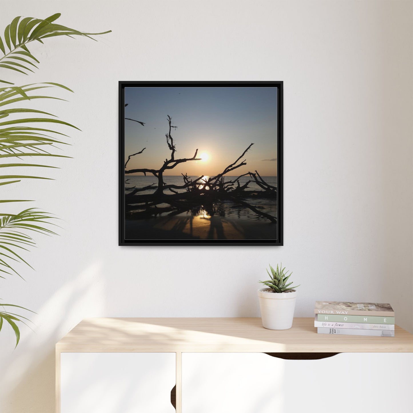 Sunset Driftwood Beach Framed Canvas