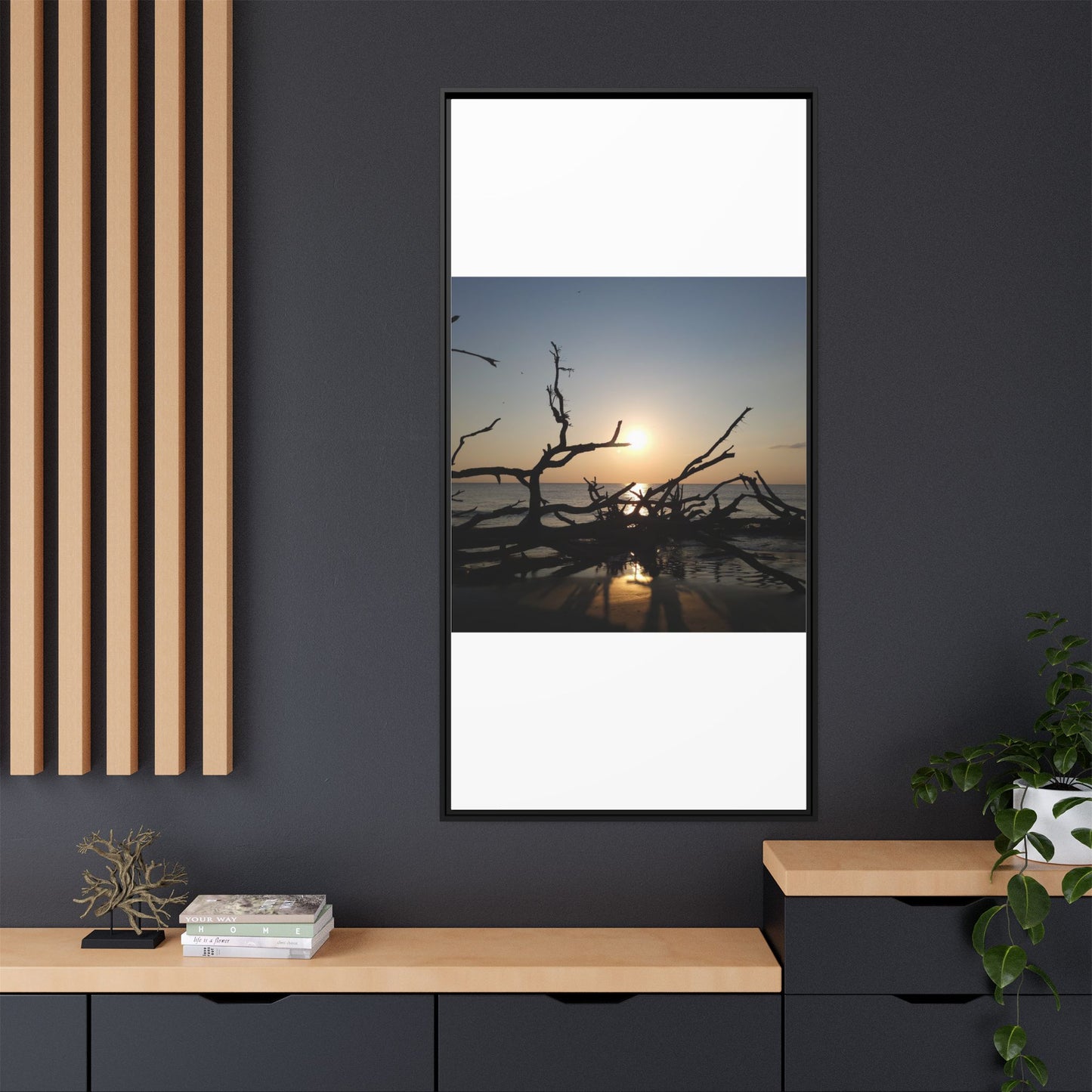 Sunset Driftwood Beach Framed Canvas