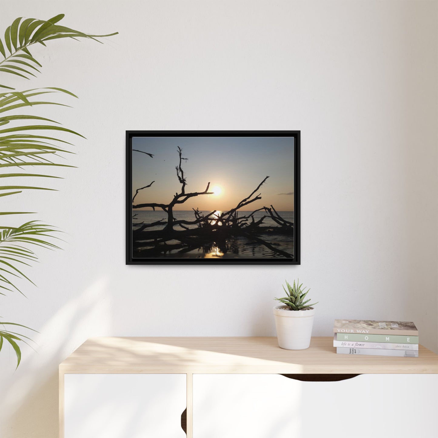 Sunset Driftwood Beach Framed Canvas