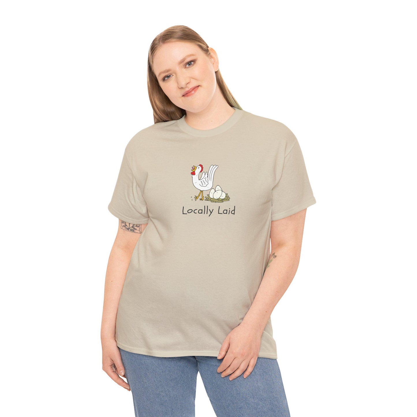 Locally laid, pun on fresh eggs, eggs laid locally, vegan, farm humor, for him, for her, Unisex Heavy Cotton Tee